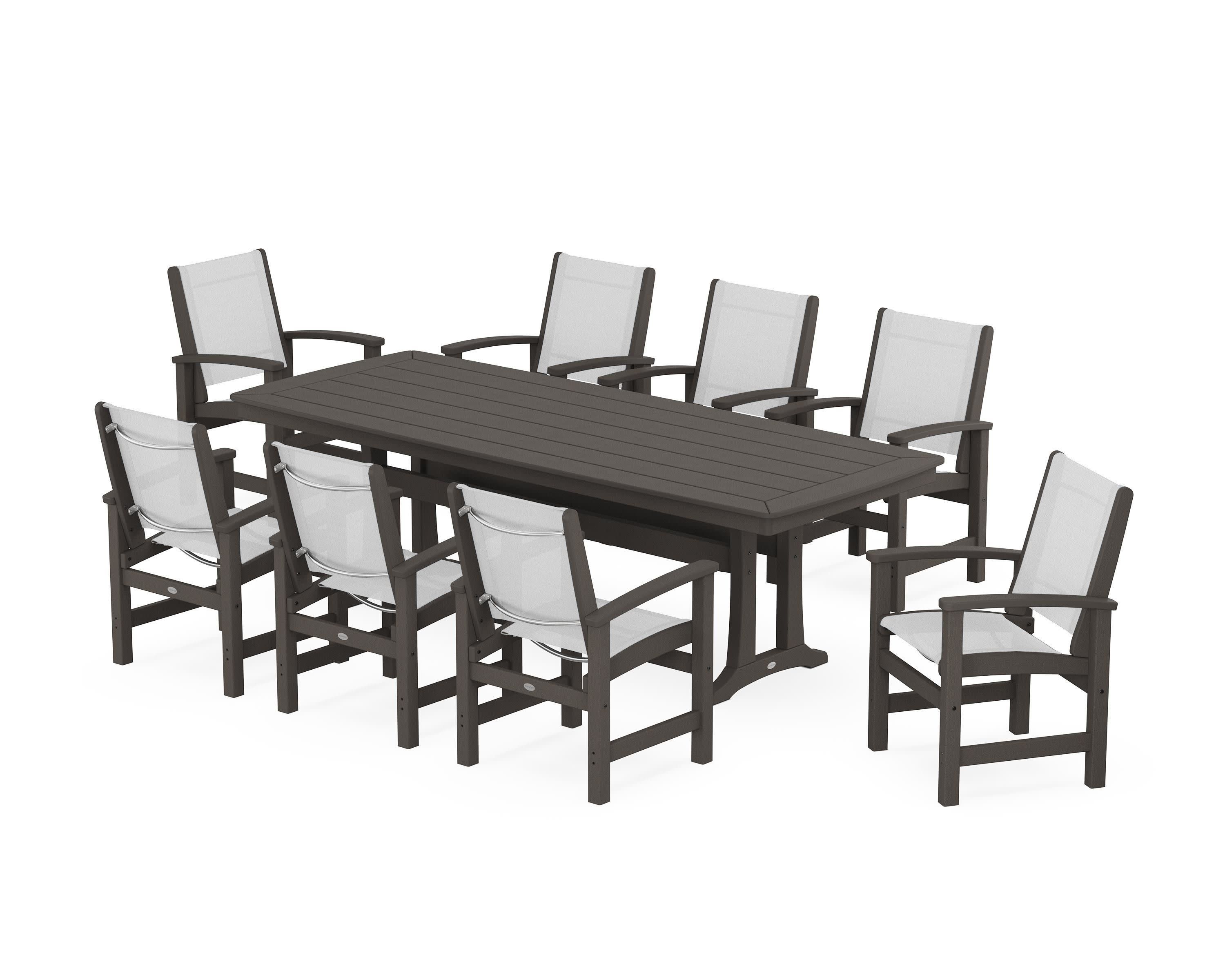 Coastal 9-Piece Dining Set with Trestle Legs in Vintage Coffee / White Sling