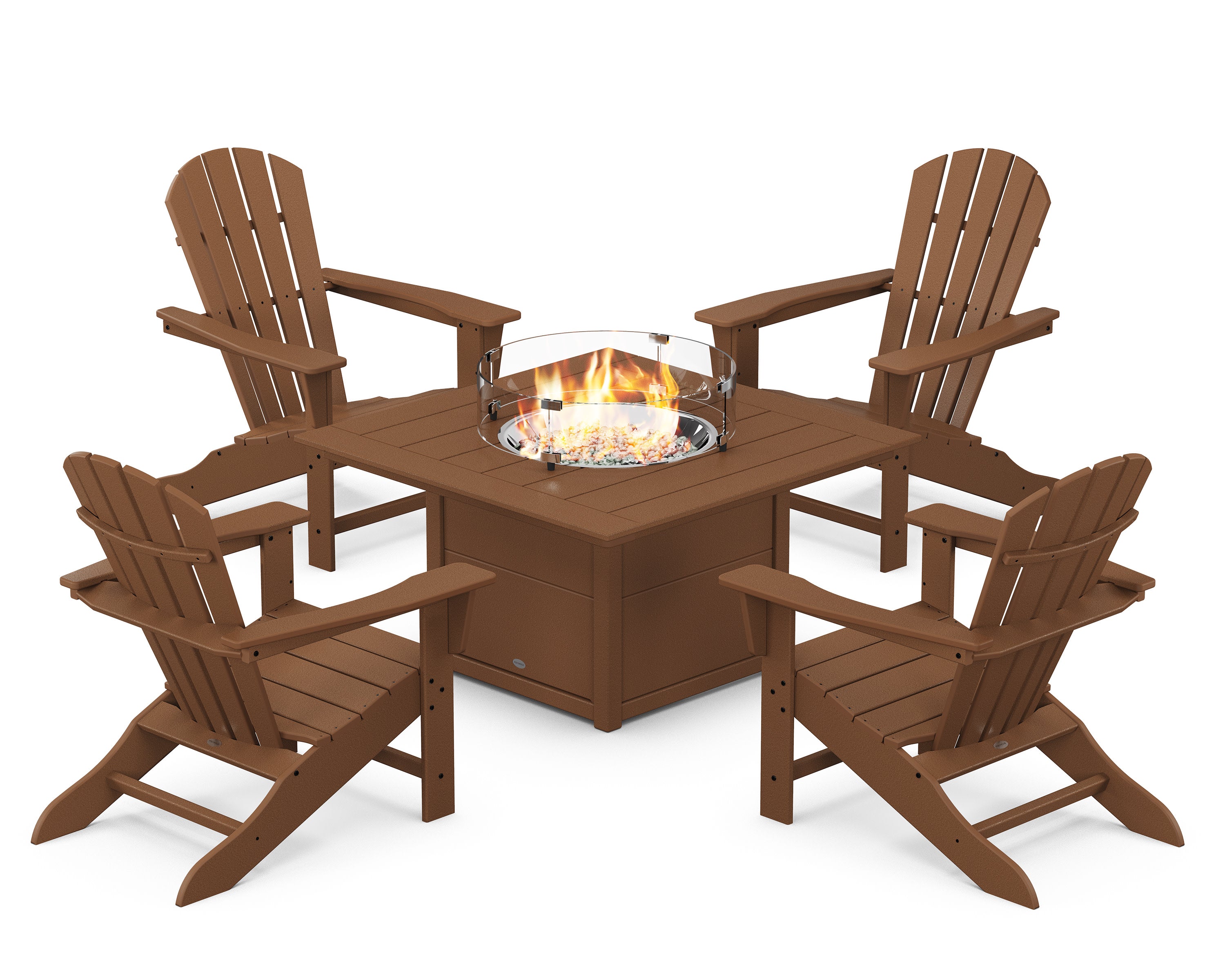 Palm Coast 5-Piece Adirondack Chair Conversation Set with Fire Pit Table in Teak