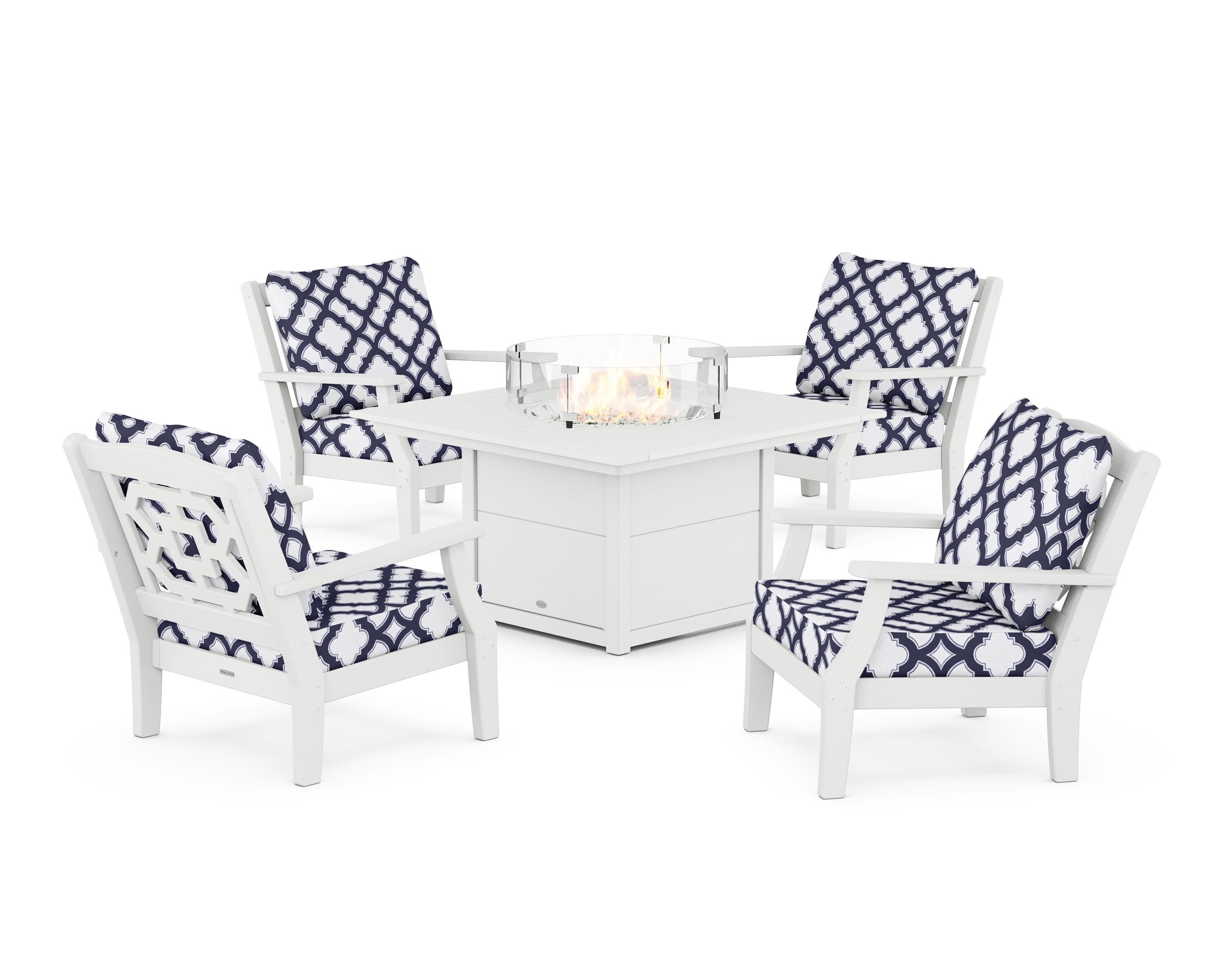 Chinoiserie 5-Piece Deep Seating Set with Fire Pit Table in White / Trellis Navy