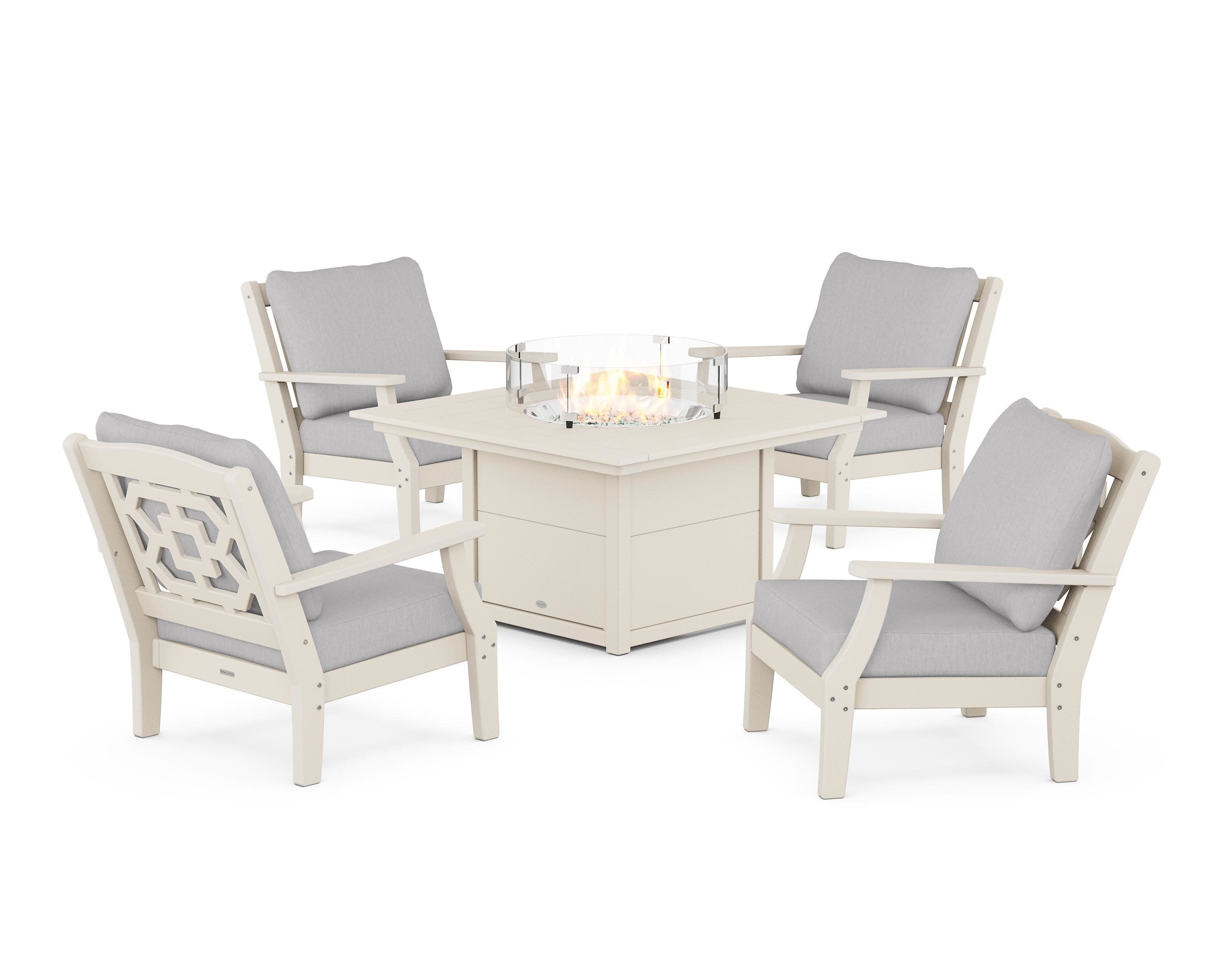 Chinoiserie 5-Piece Deep Seating Set with Fire Pit Table in Sand / Granite