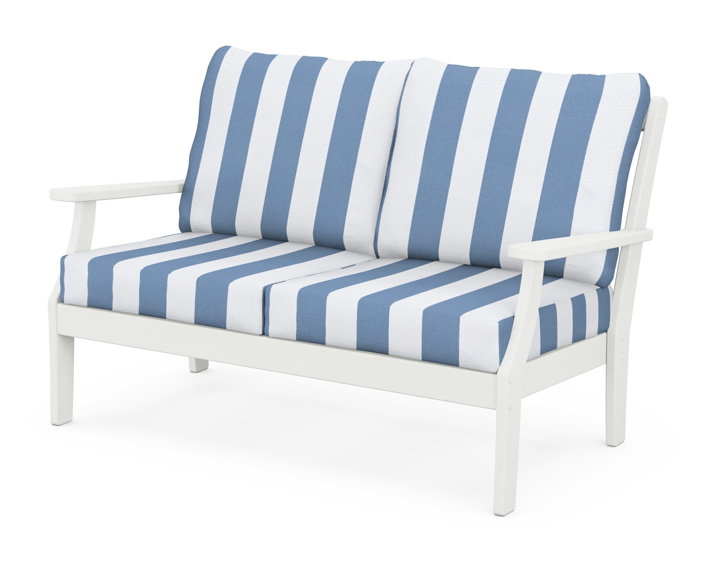 Braxton Deep Seating Loveseat in Vintage White / Cabana Stripe Sky Blue