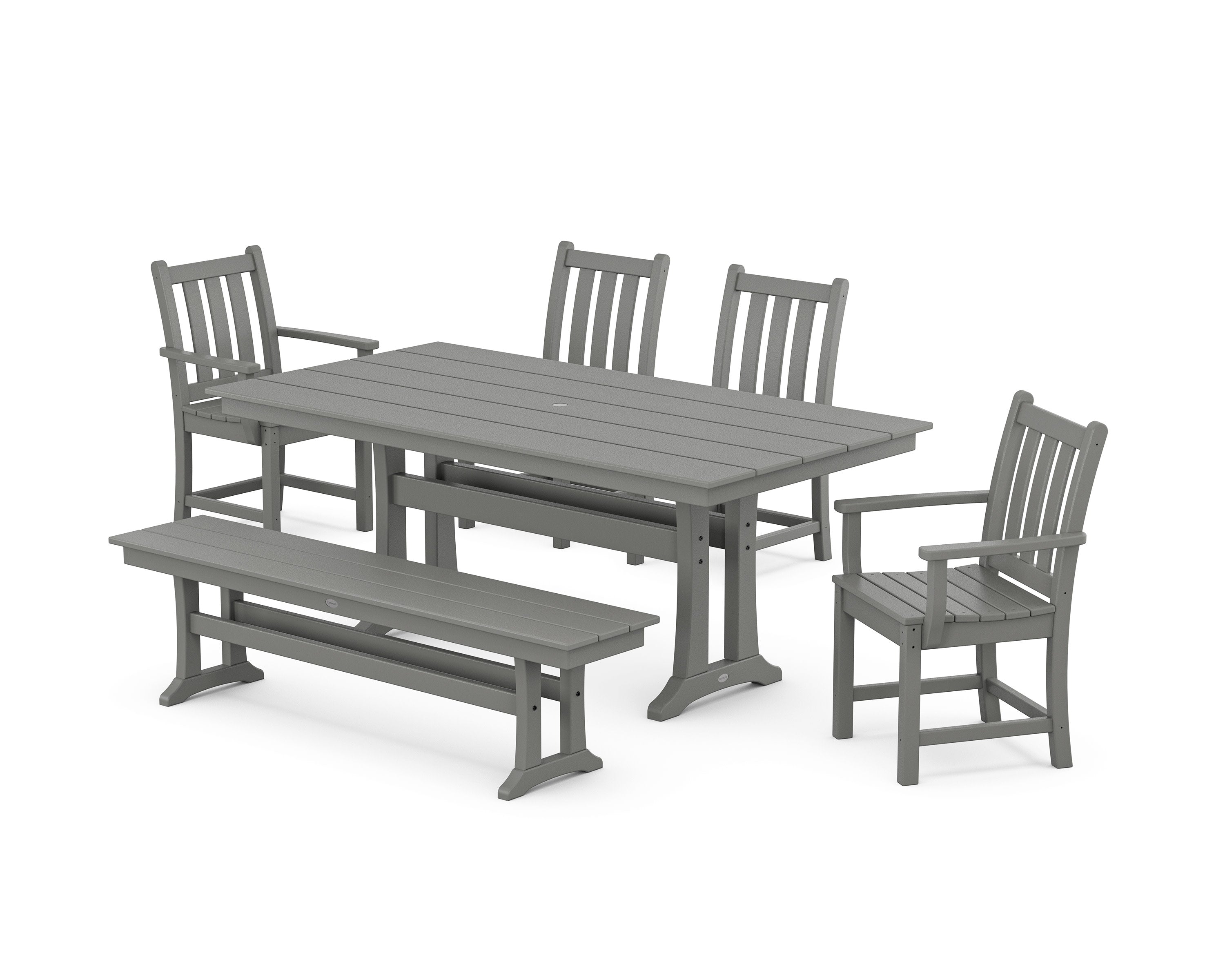Traditional Garden 6-Piece Farmhouse Dining Set with Trestle Legs and Bench in Slate Grey