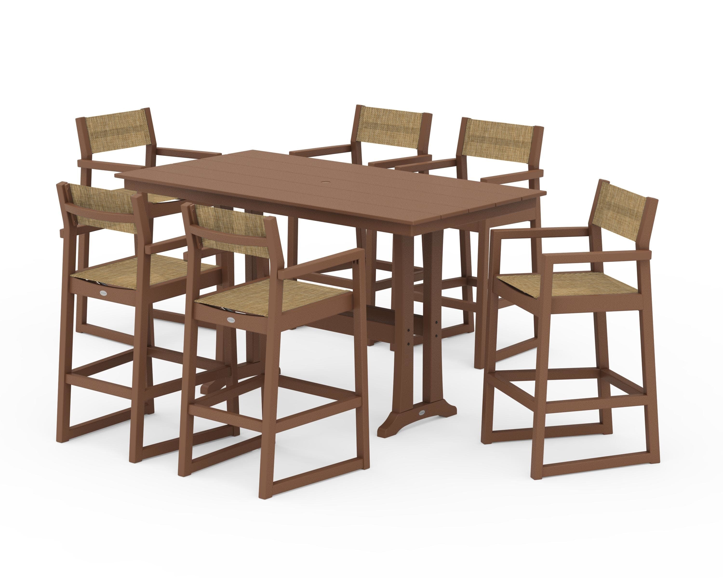 EDGE Sling Arm Chair 7-Piece Farmhouse Bar Set with Trestle Legs in Teak / Burlap Sling