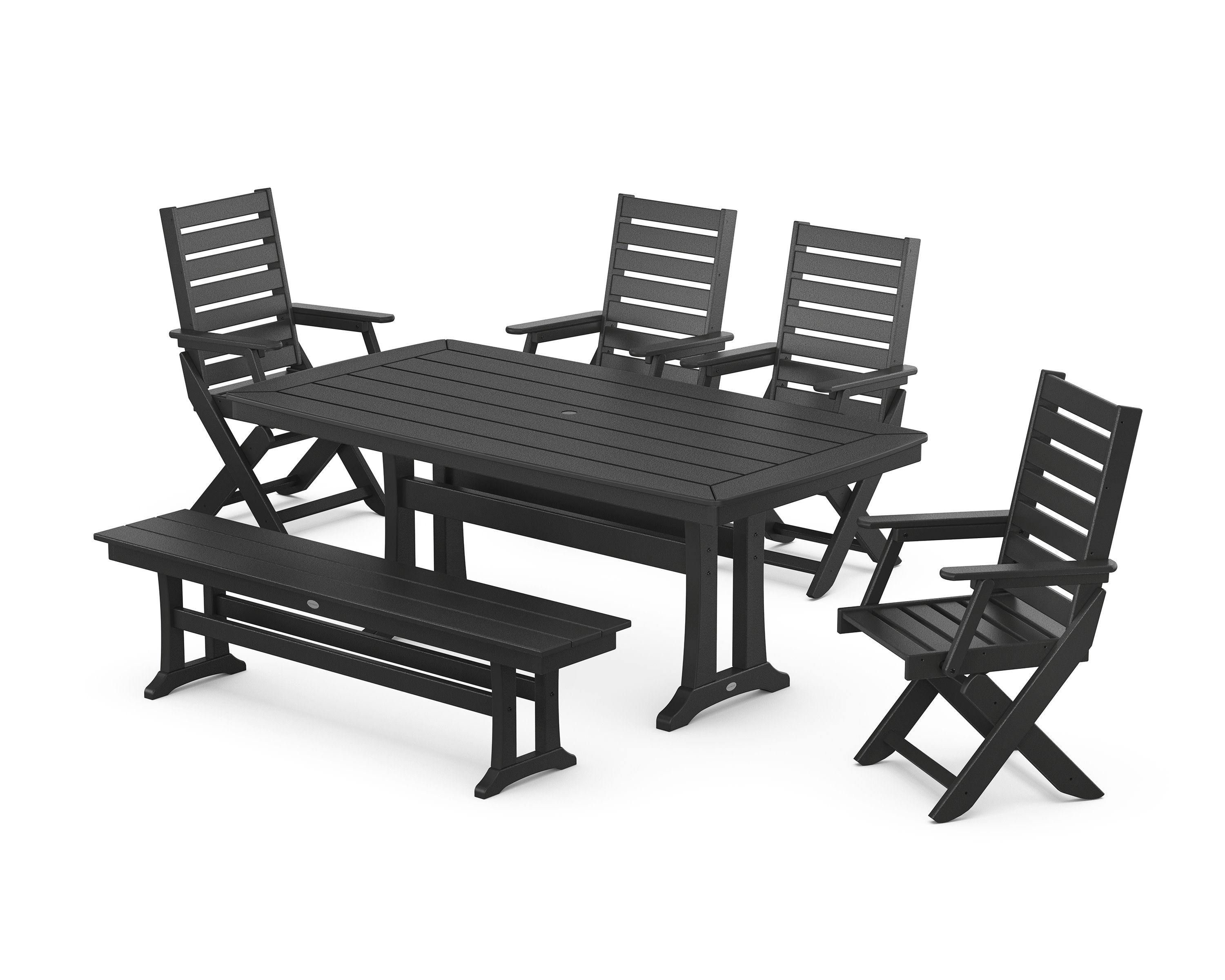 Captain Folding Chair 6-Piece Dining Set with Trestle Legs and Bench in Black