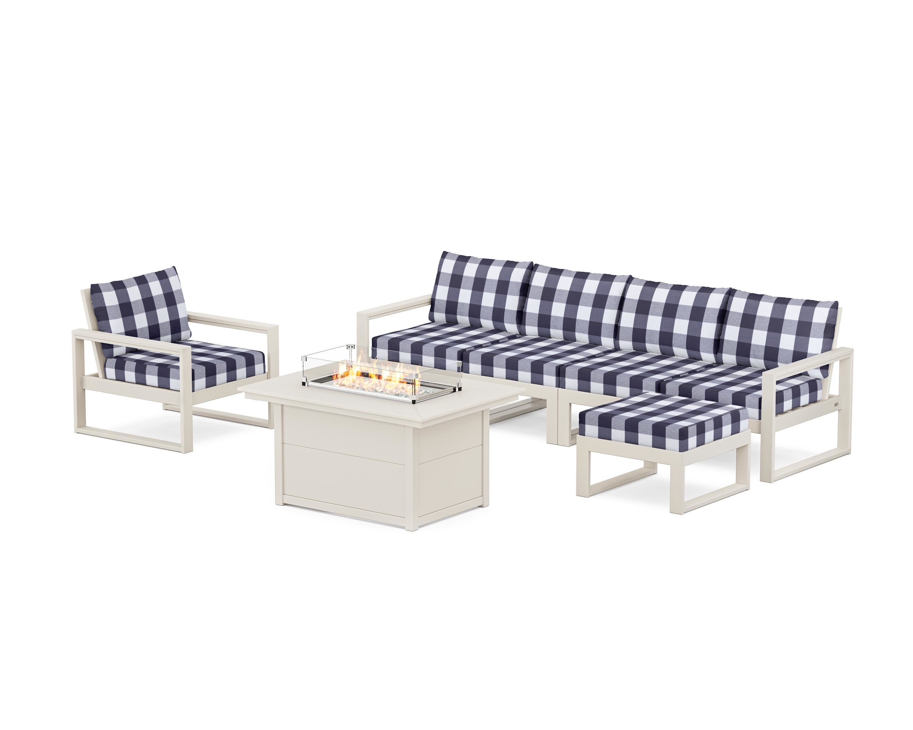 EDGE Sectional Lounge and Fire Pit Set in Sand / Buffalo Plaid Navy