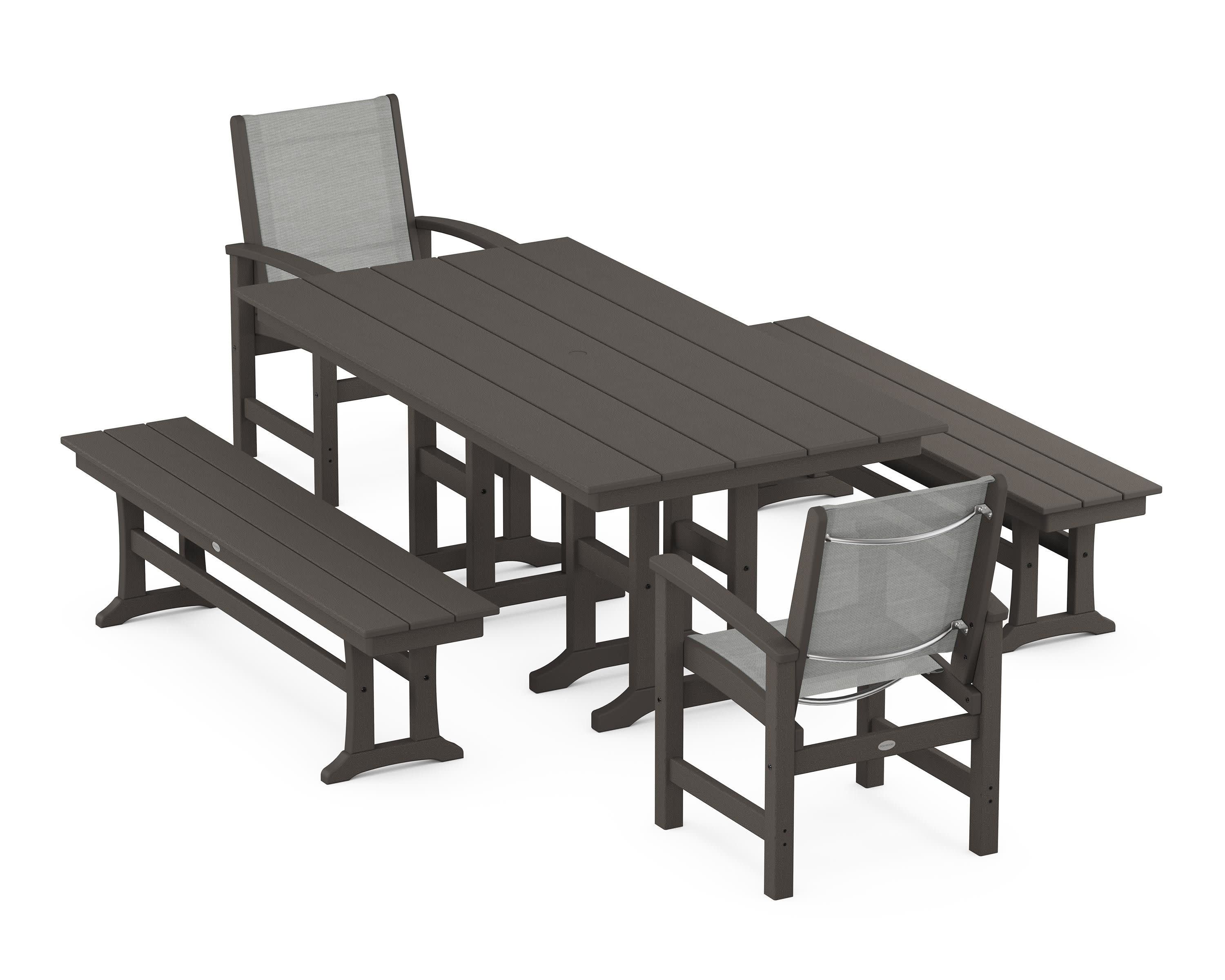 Coastal 5-Piece Farmhouse Dining Set in Vintage Coffee / Metallic Sling