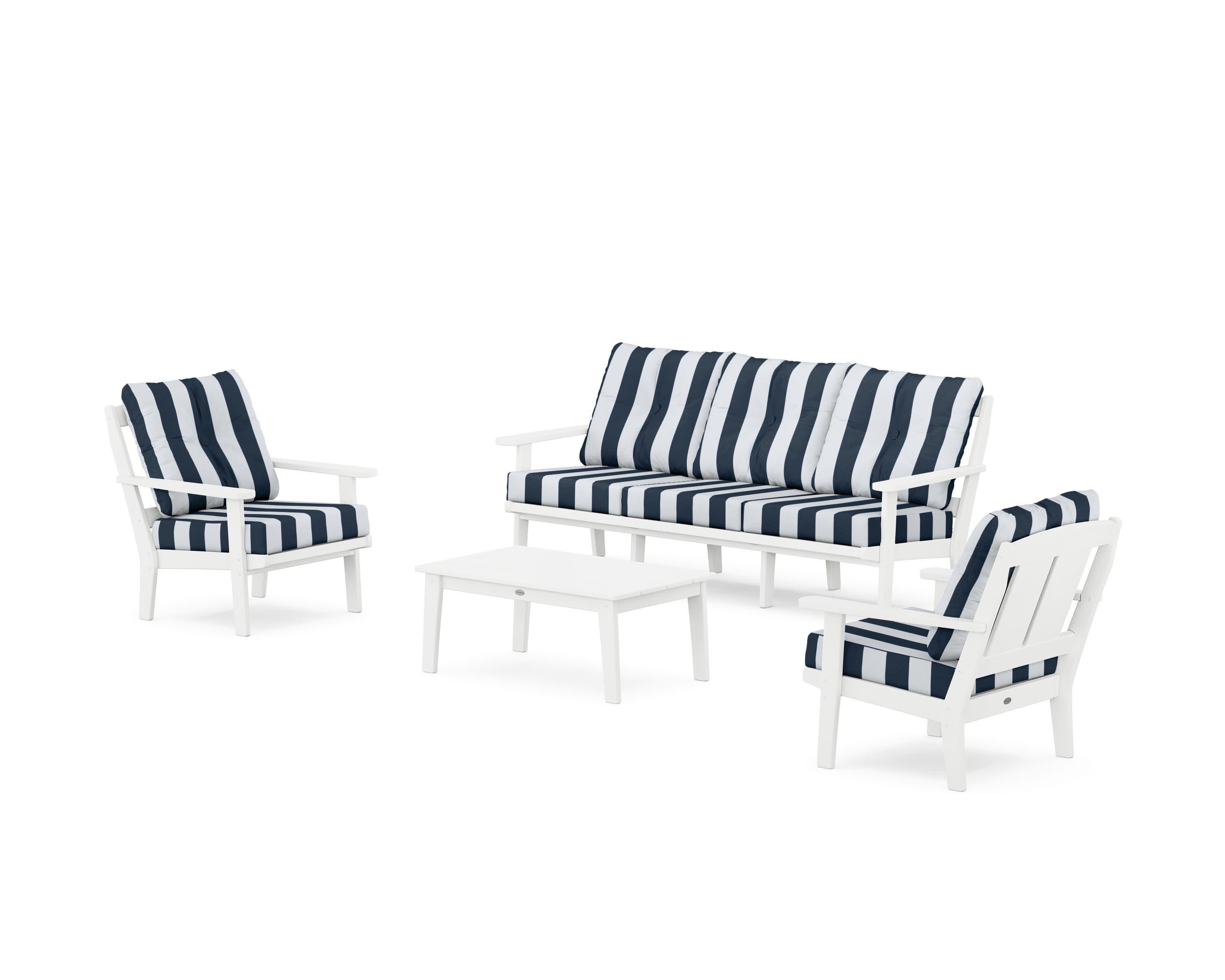 Mission 4-Piece Deep Seating Set with Sofa in White / Cabana Stripe Marine Indigo