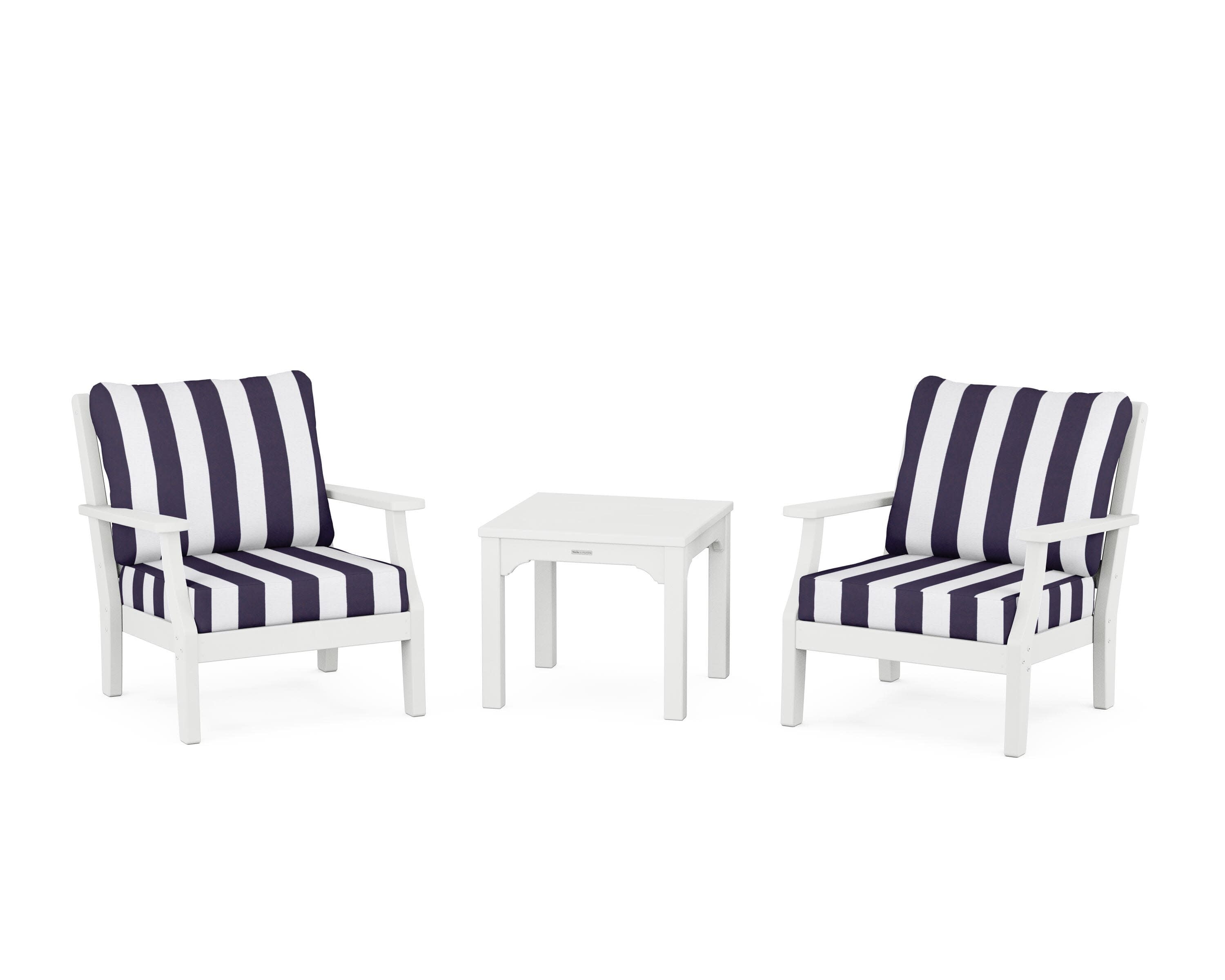 Chinoiserie 3-Piece Deep Seating Set in White / Cabana Stripe Navy