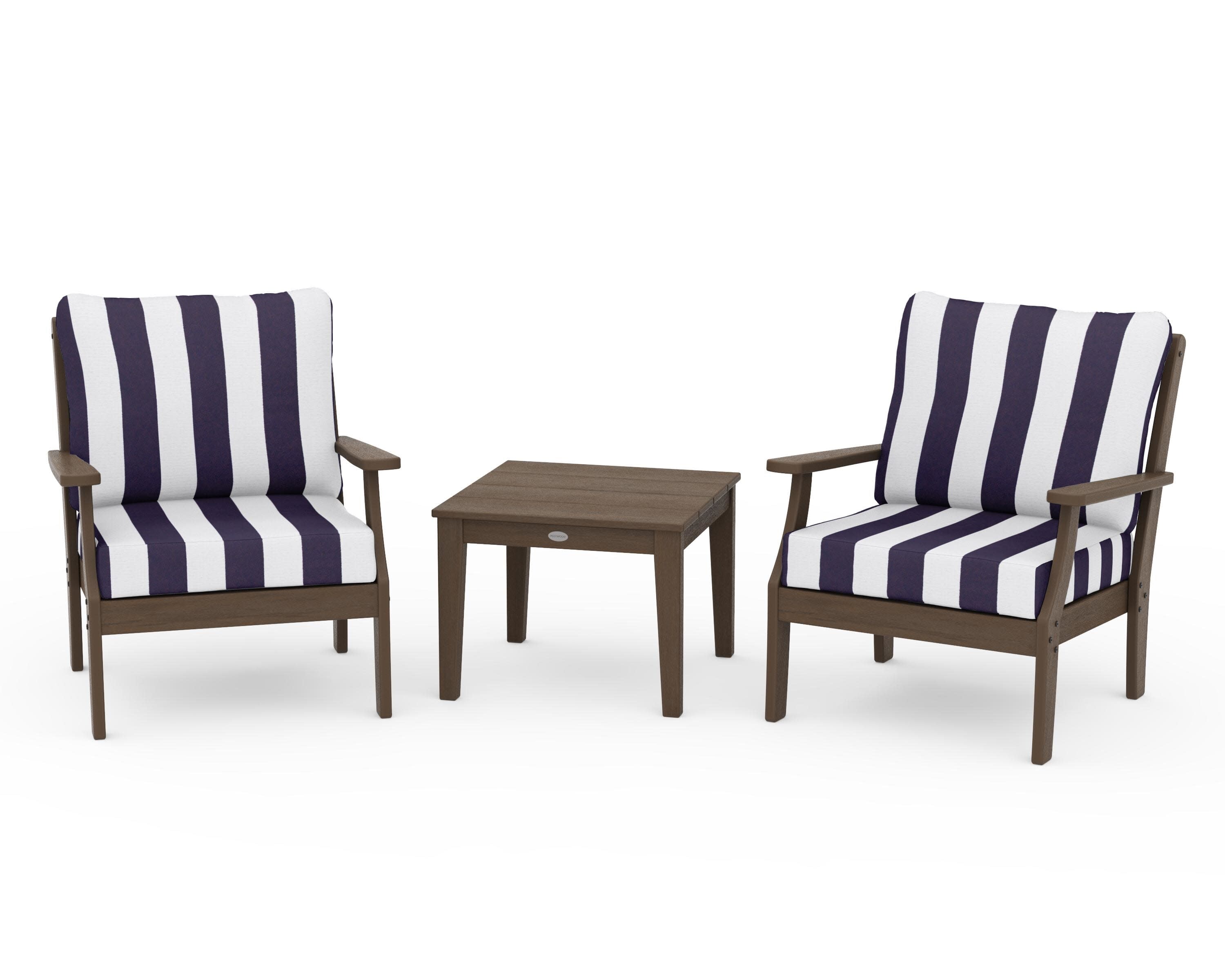 Braxton 3-Piece Deep Seating Set in Kona / Cabana Stripe Navy