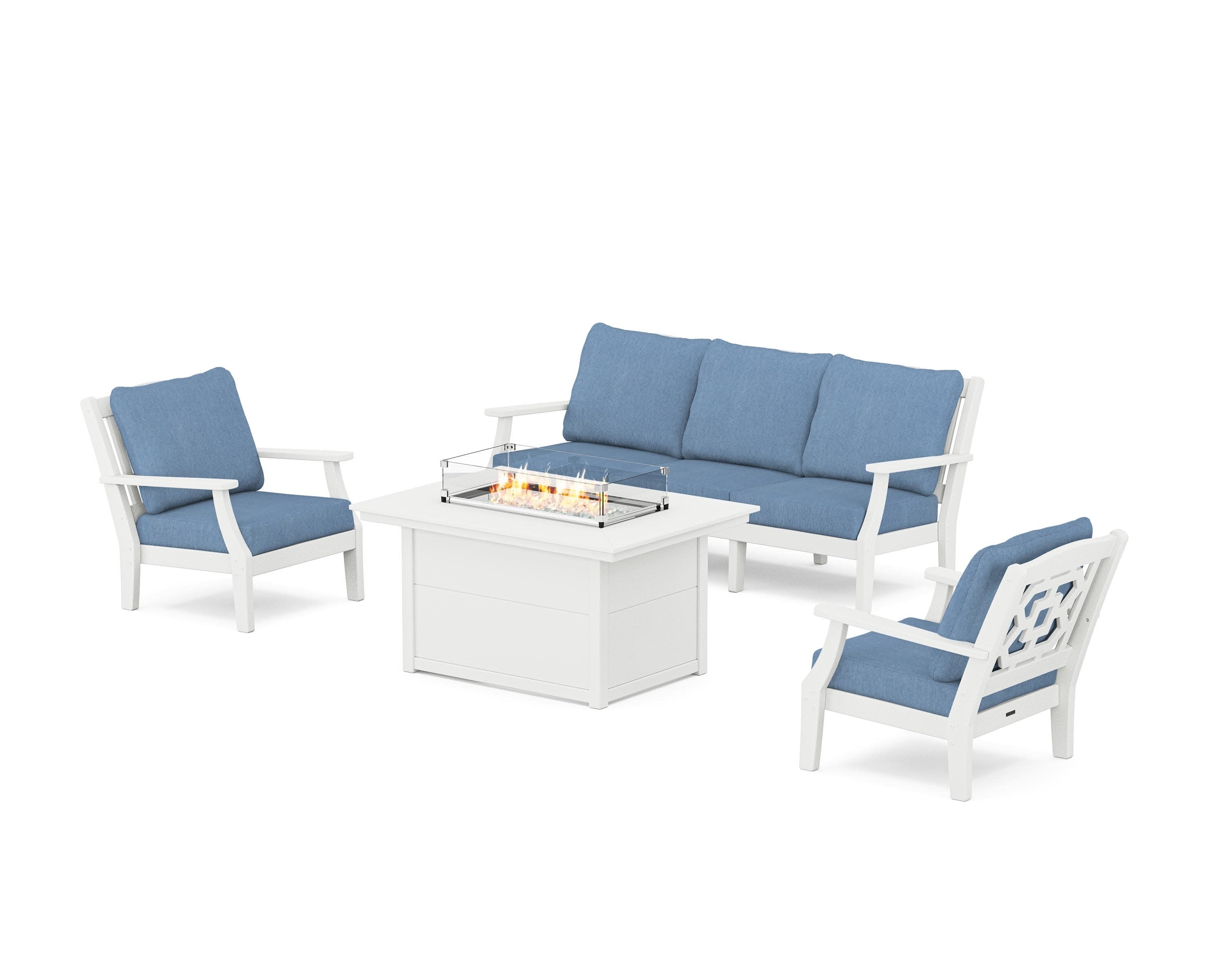 Chinoiserie Deep Seating Fire Pit Table Set in White / Sky Blue