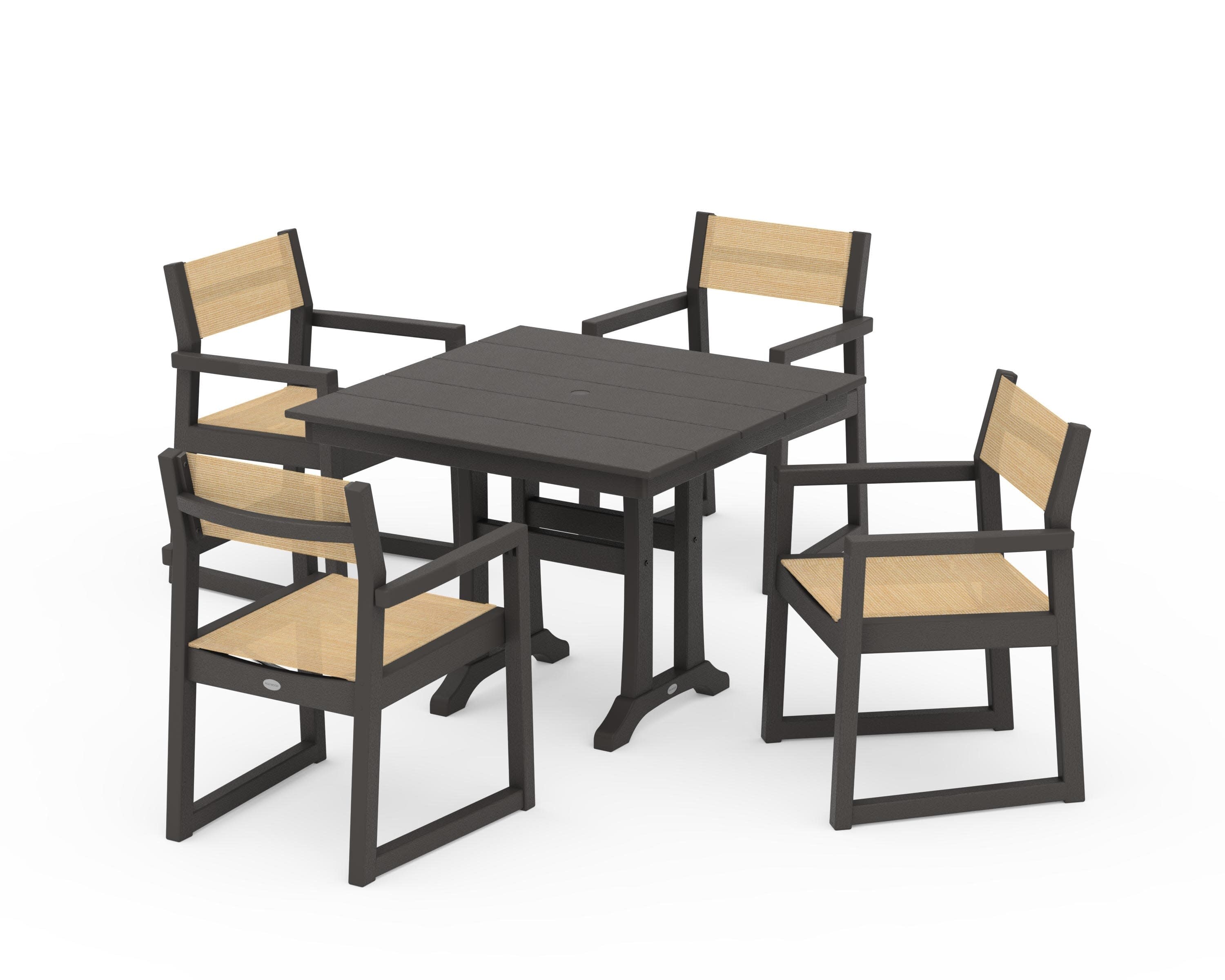 EDGE Sling 5-Piece Farmhouse Dining Set with Trestle Legs in Vintage Coffee / Dupioni Apricot Sling