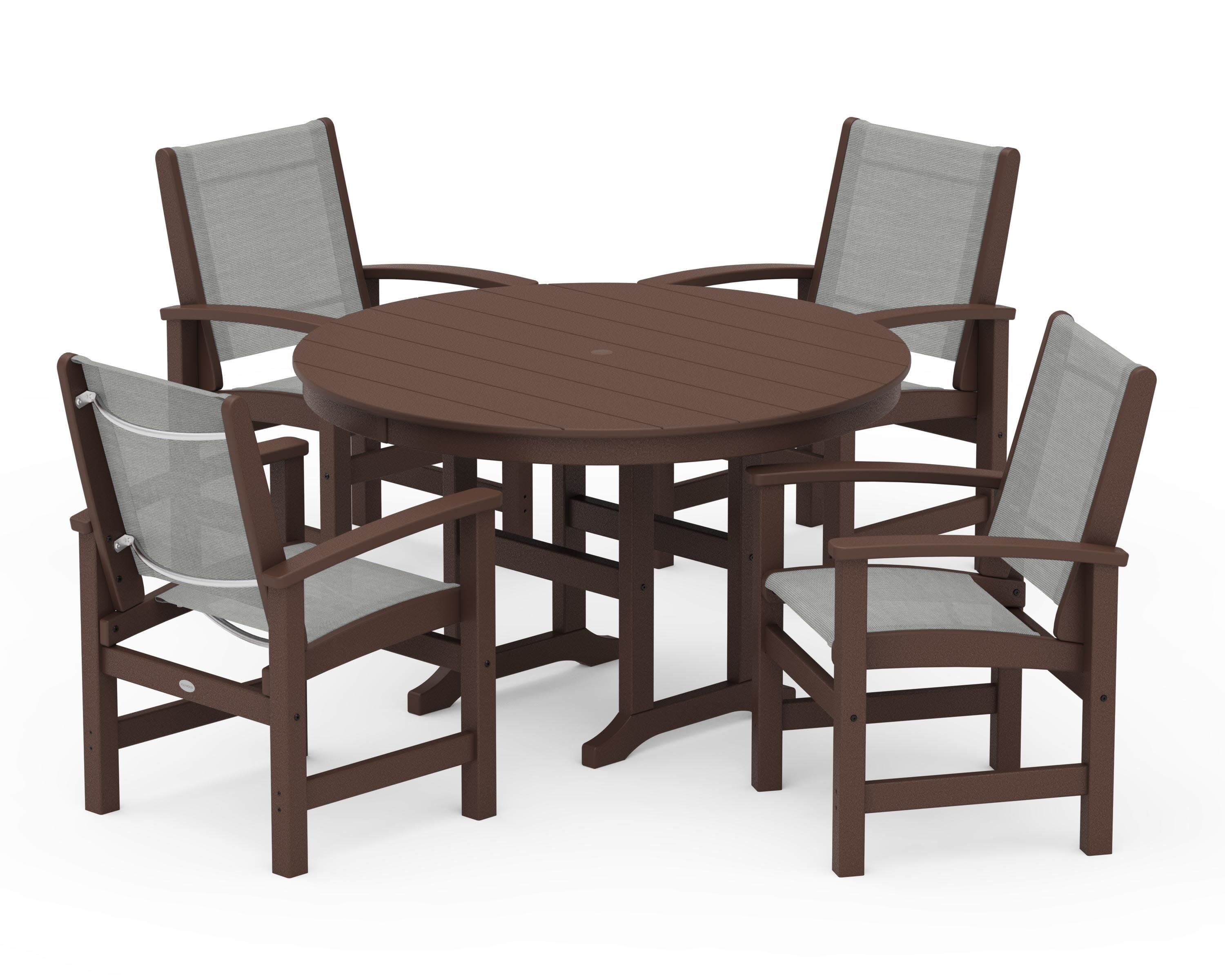 Coastal 5-Piece Round Farmhouse Dining Set in Mahogany / Metallic Sling