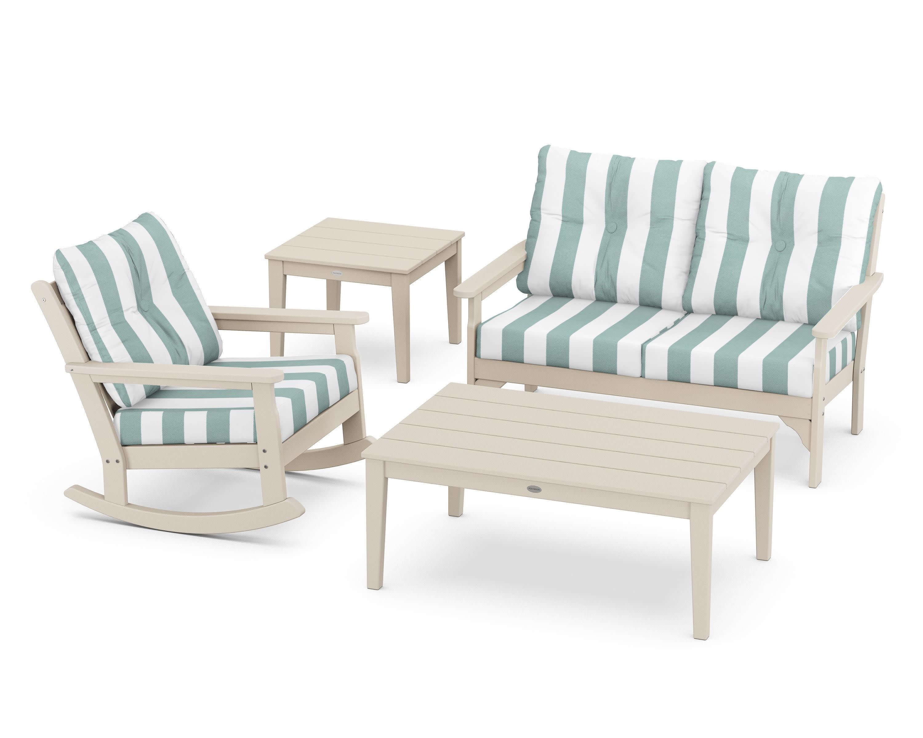 Vineyard 4-Piece Deep Seating Rocker Set in Sand / Cabana Stripe Glacier Spa