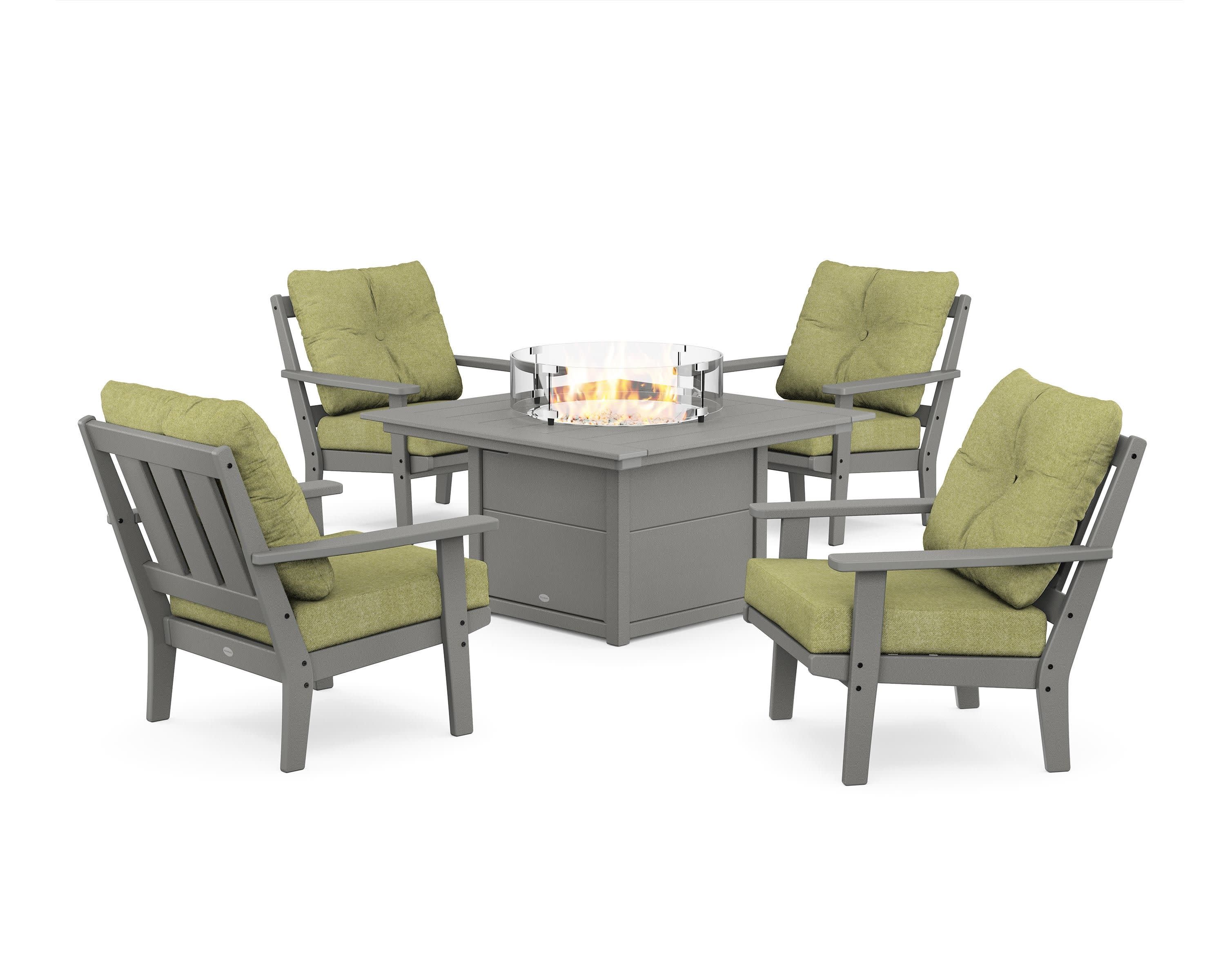 Oxford 5-Piece Deep Seating Set with Fire Pit Table in Slate Grey / Chartreuse Boucle