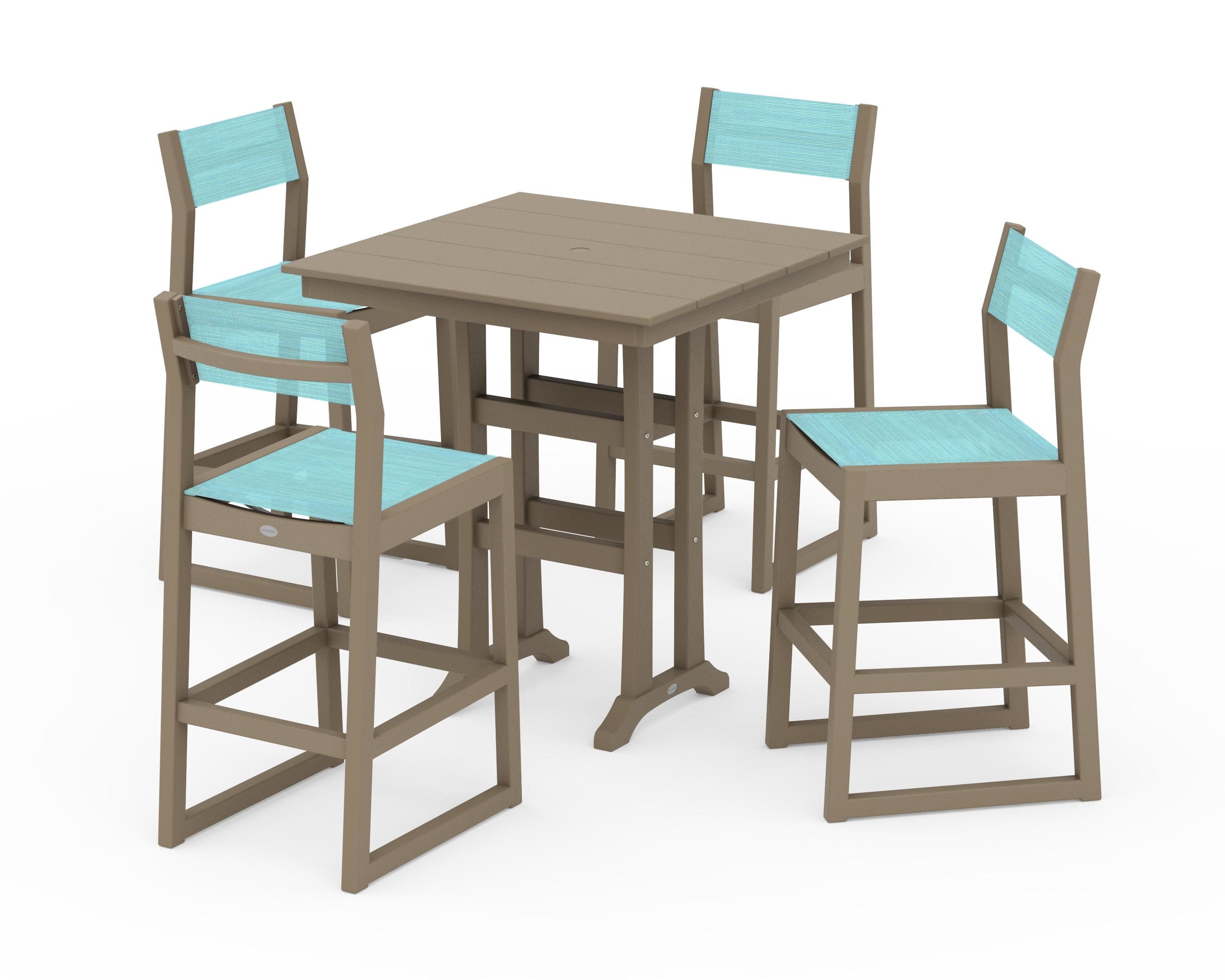 EDGE Sling Arm Chair 5-Piece Farmhouse Bar Set with Trestle Legs in Vintage Sahara / Dupioni Aquamarine Sling