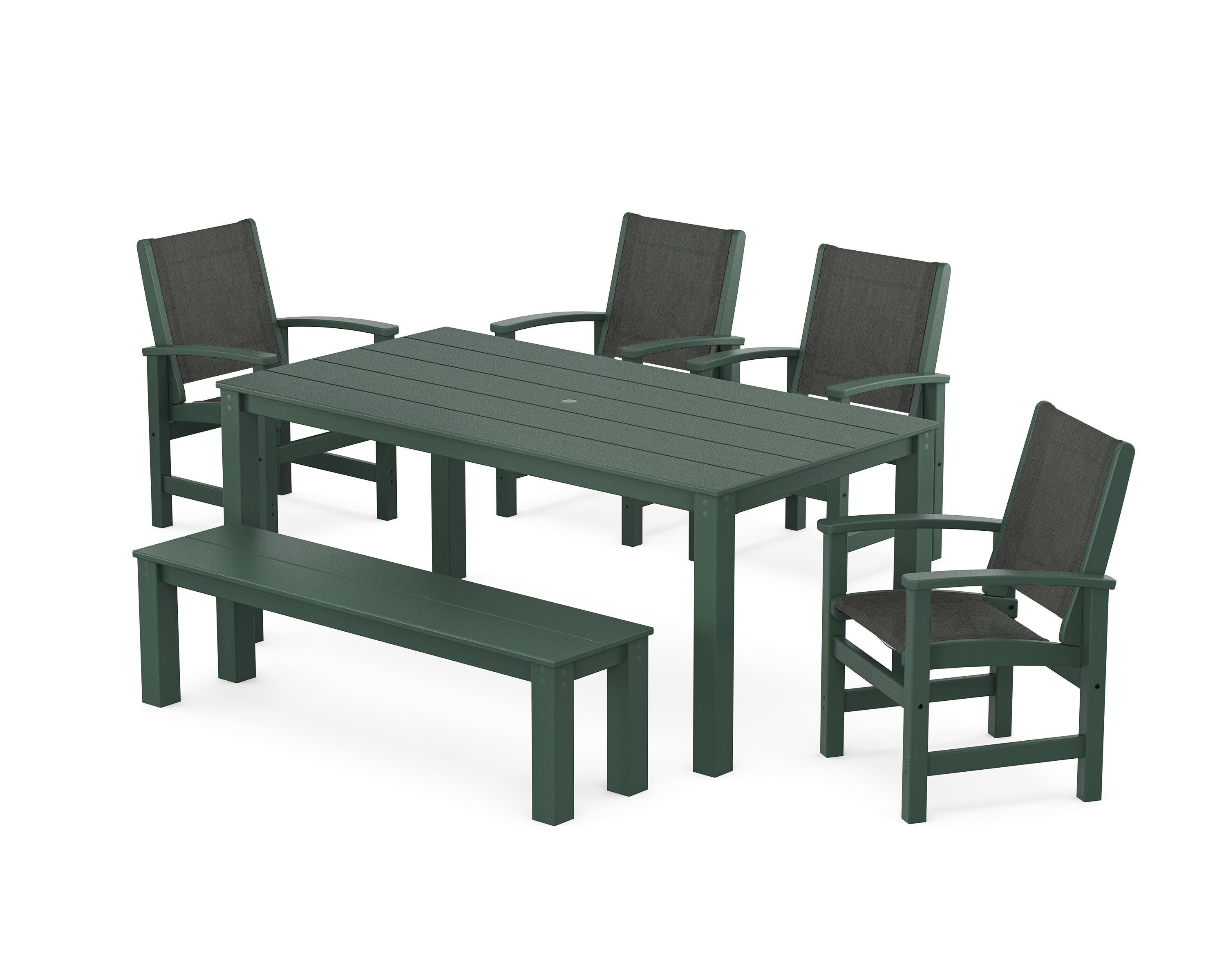 Coastal 6-Piece Parsons Dining Set with Bench in Green / Ember Sling