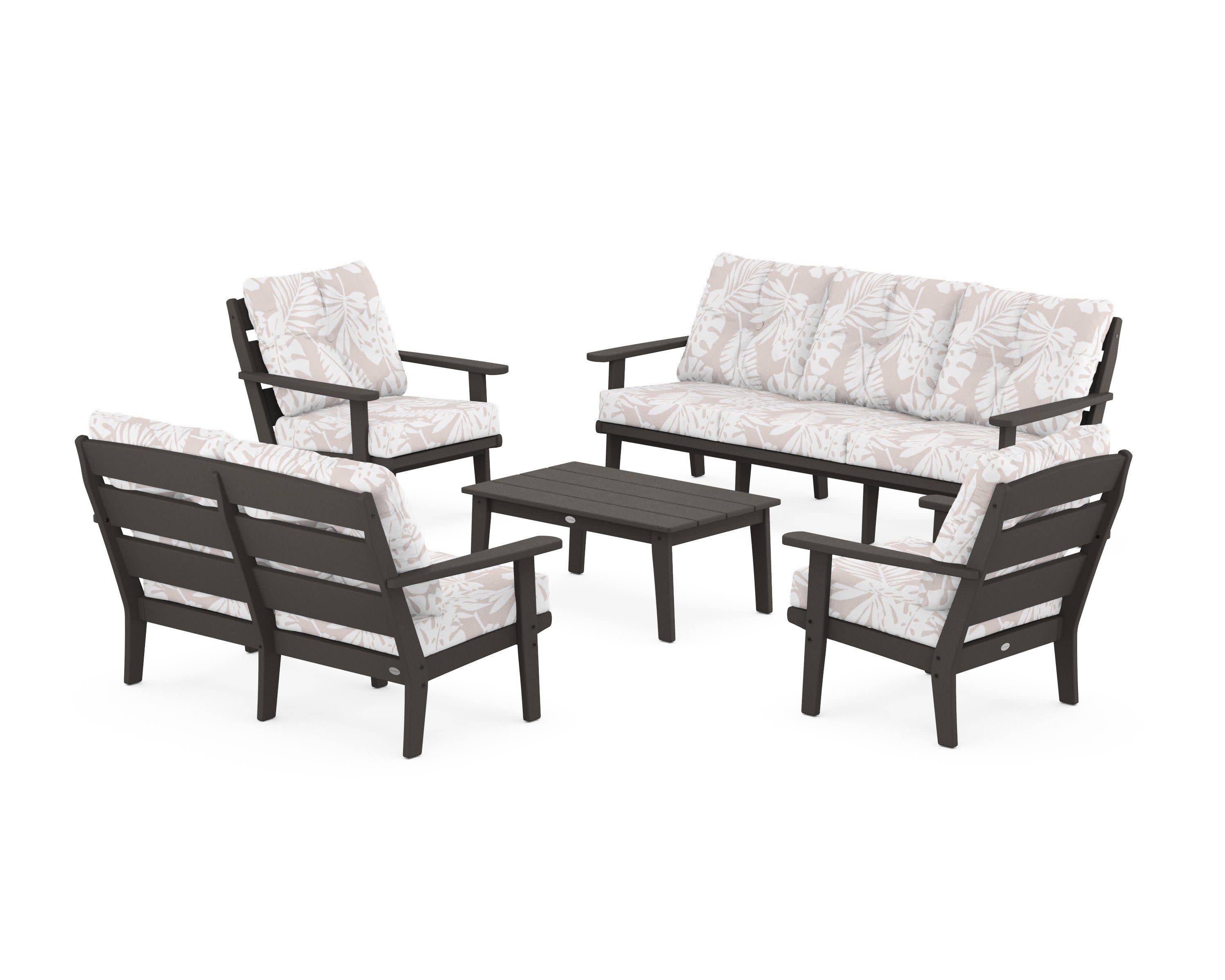 Lakeside 5-Piece Lounge Sofa Set in Vintage Coffee / Leaf Dune Burlap