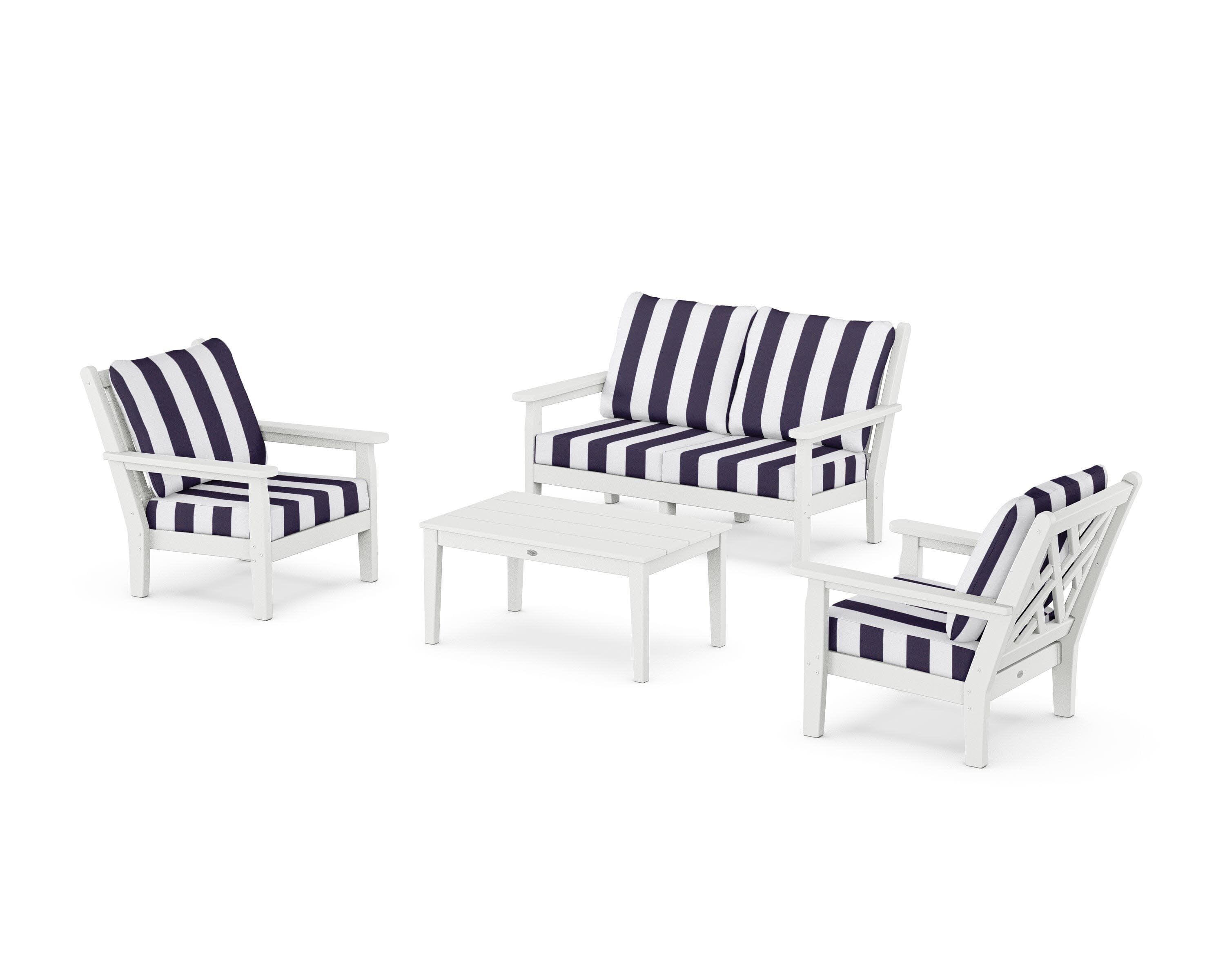 Chippendale 4-Piece Deep Seating Set with Loveseat in White / Cabana Stripe Navy