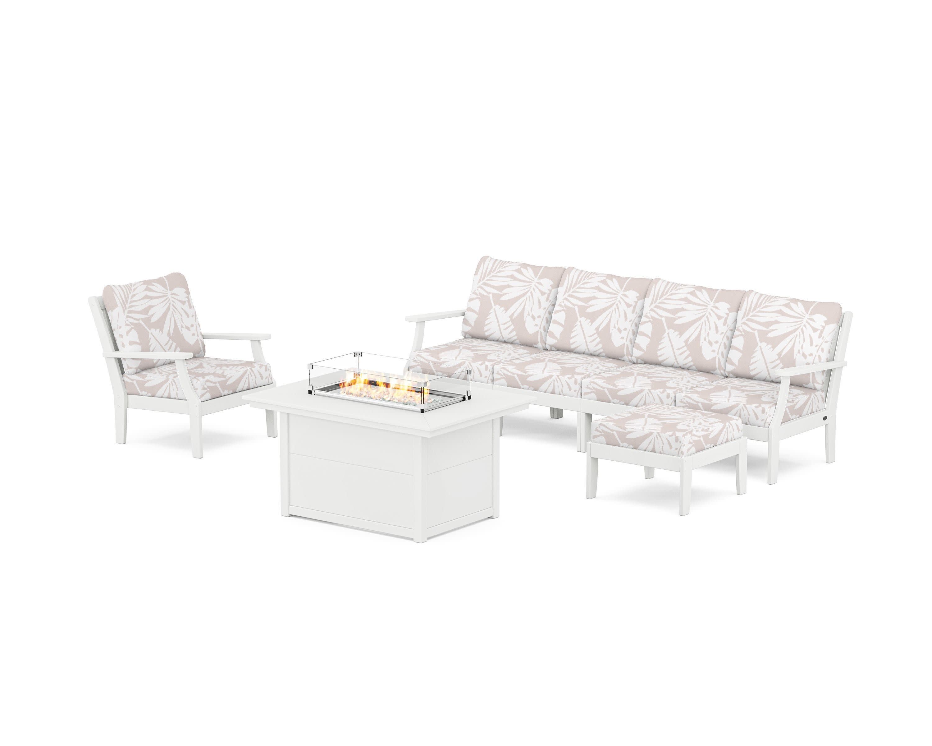 Braxton Sectional Lounge and Fire Pit Set in White / Leaf Dune Burlap