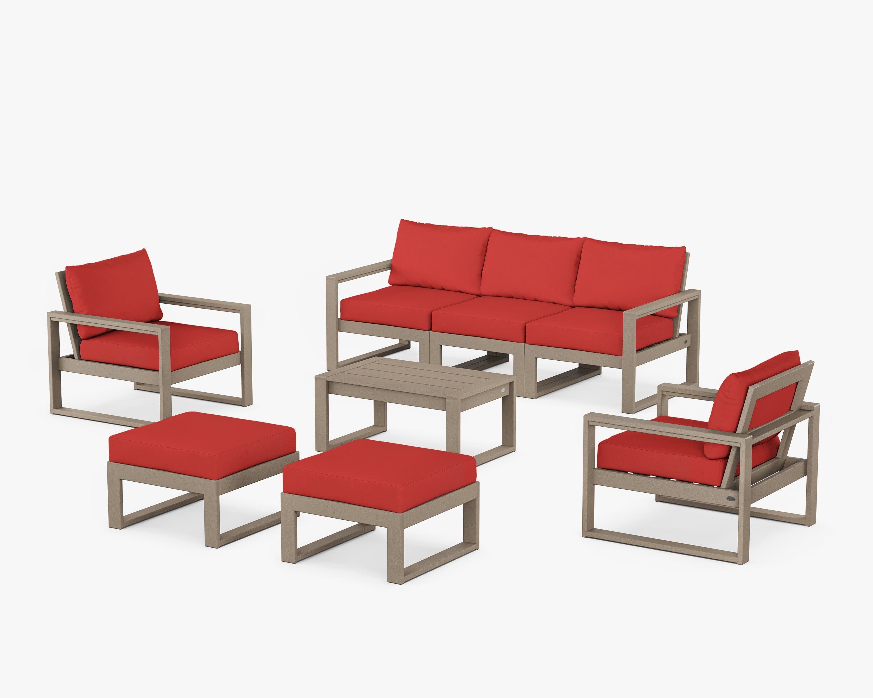 EDGE Sectional 8-Piece Lounge Sofa Set in Vintage Sahara / Crimson Linen