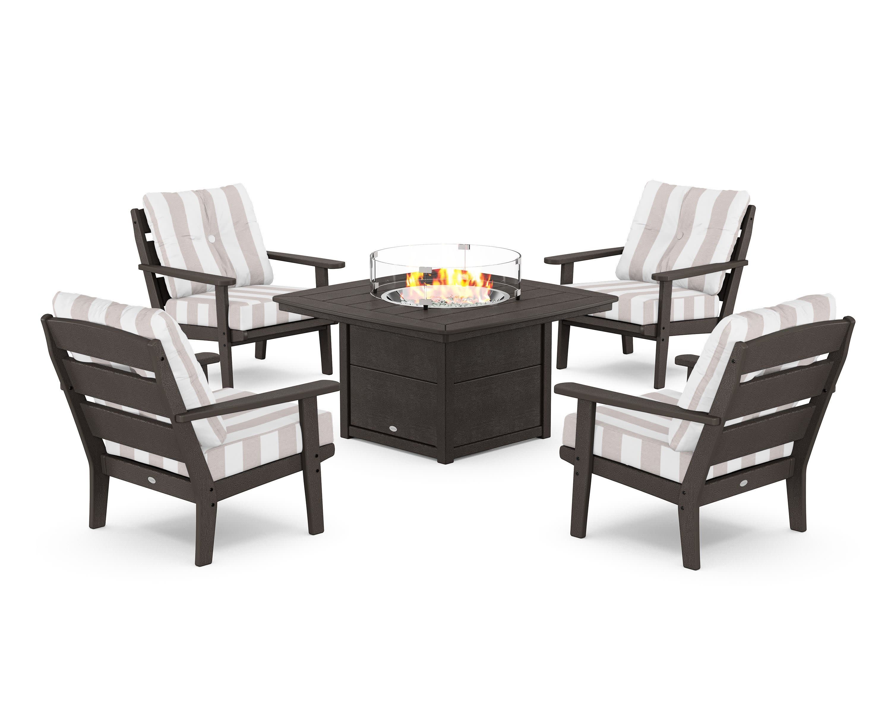 Lakeside 5-Piece Deep Seating Set with Nautical Fire Pit Table in Vintage Coffee / Cabana Stripe Dune Burlap