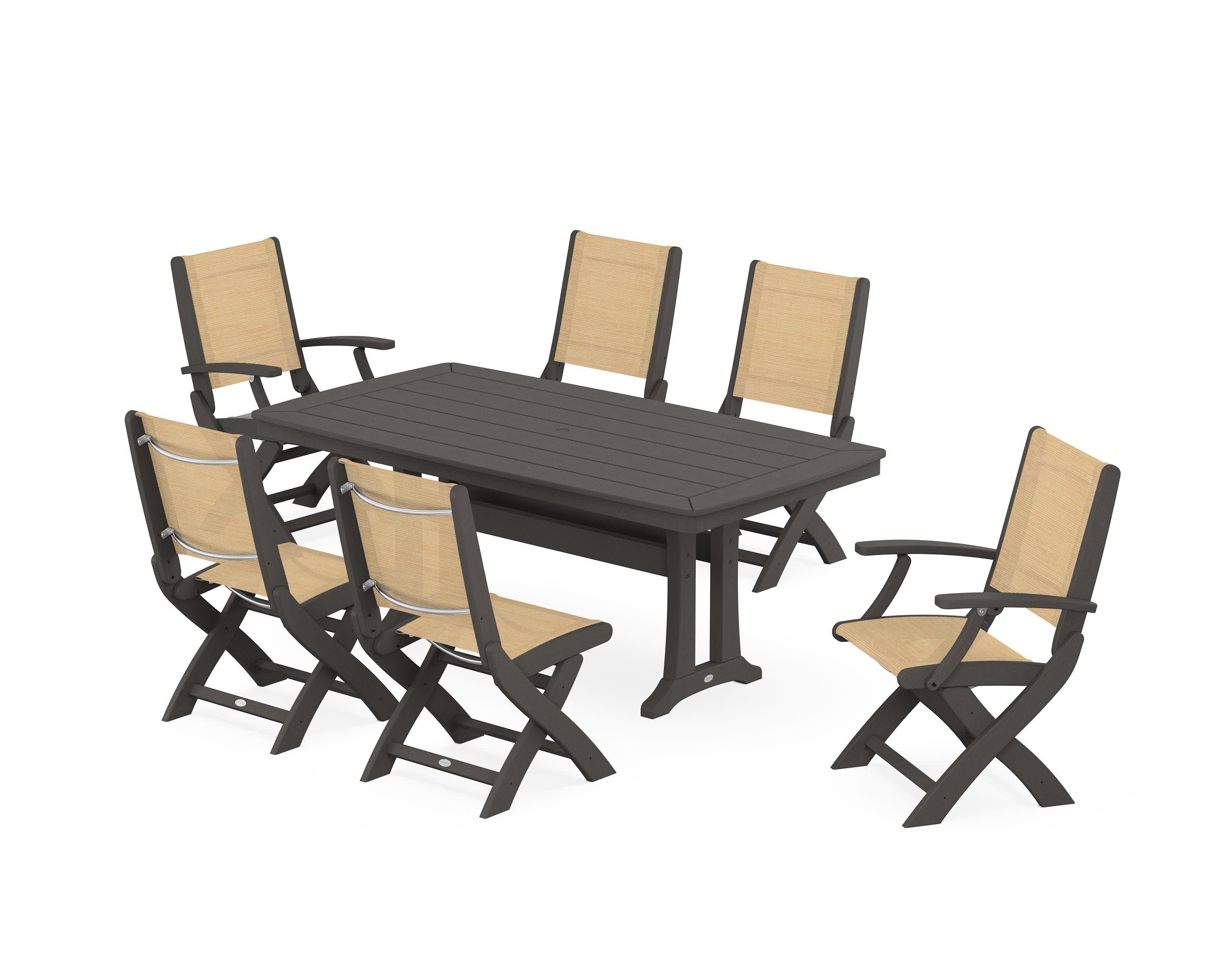 Coastal Folding Chair 7-Piece Dining Set with Trestle Legs in Vintage Coffee / Dupioni Apricot Sling