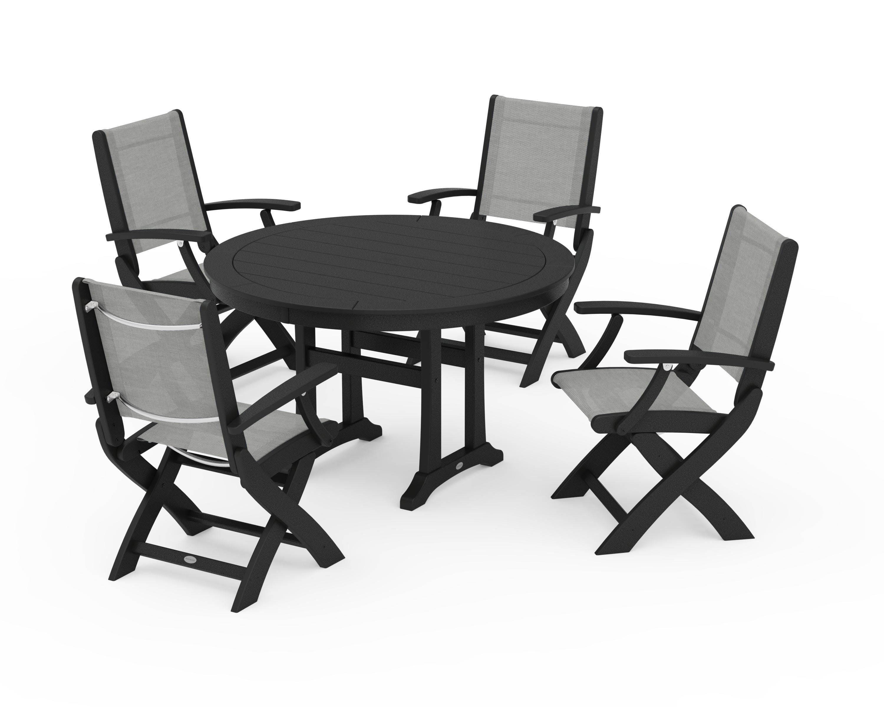 Coastal Folding Chair 5-Piece Round Dining Set with Trestle Legs in Black / Metallic Sling