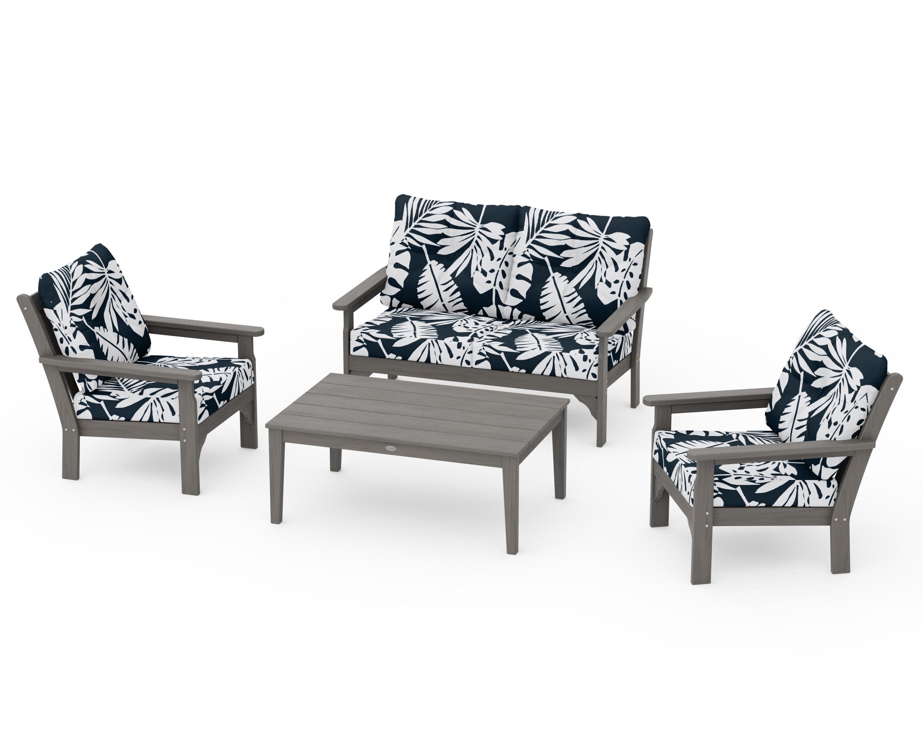 Vineyard 4-Piece Deep Seating Set in Driftwood / Leaf Marine Indigo