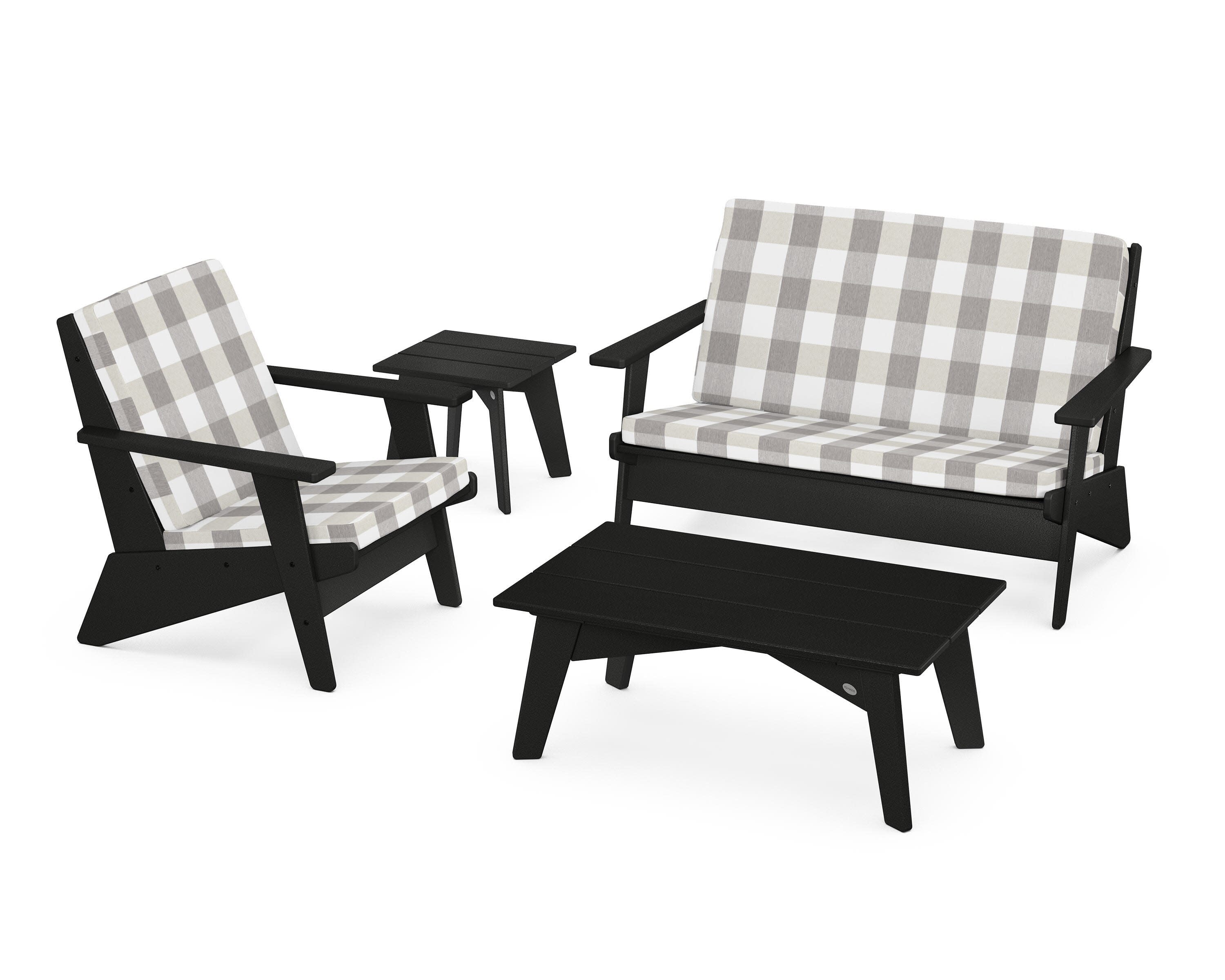 Riviera Modern Lounge 4-Piece Set in Black / Buffalo Plaid Grey Mist