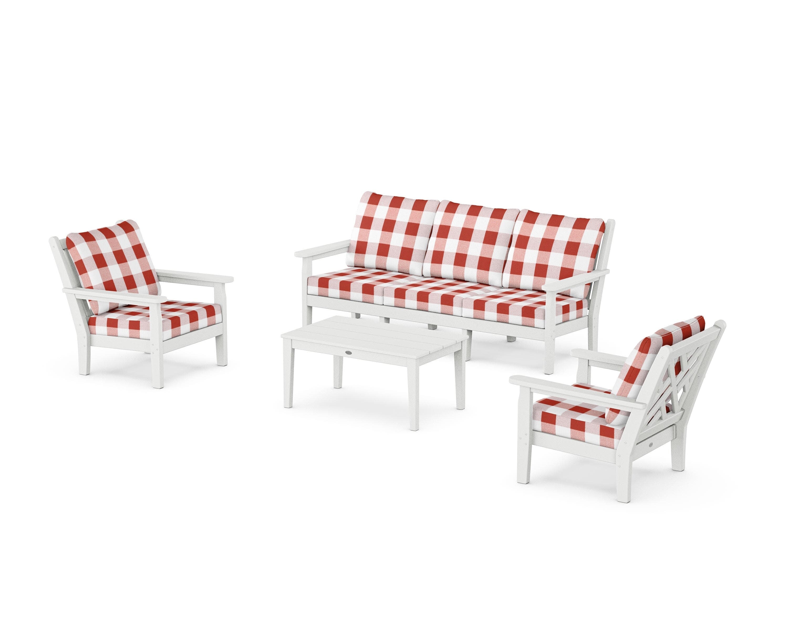 Chippendale 4-Piece Deep Seating Set with Sofa in White / Buffalo Plaid Crimson