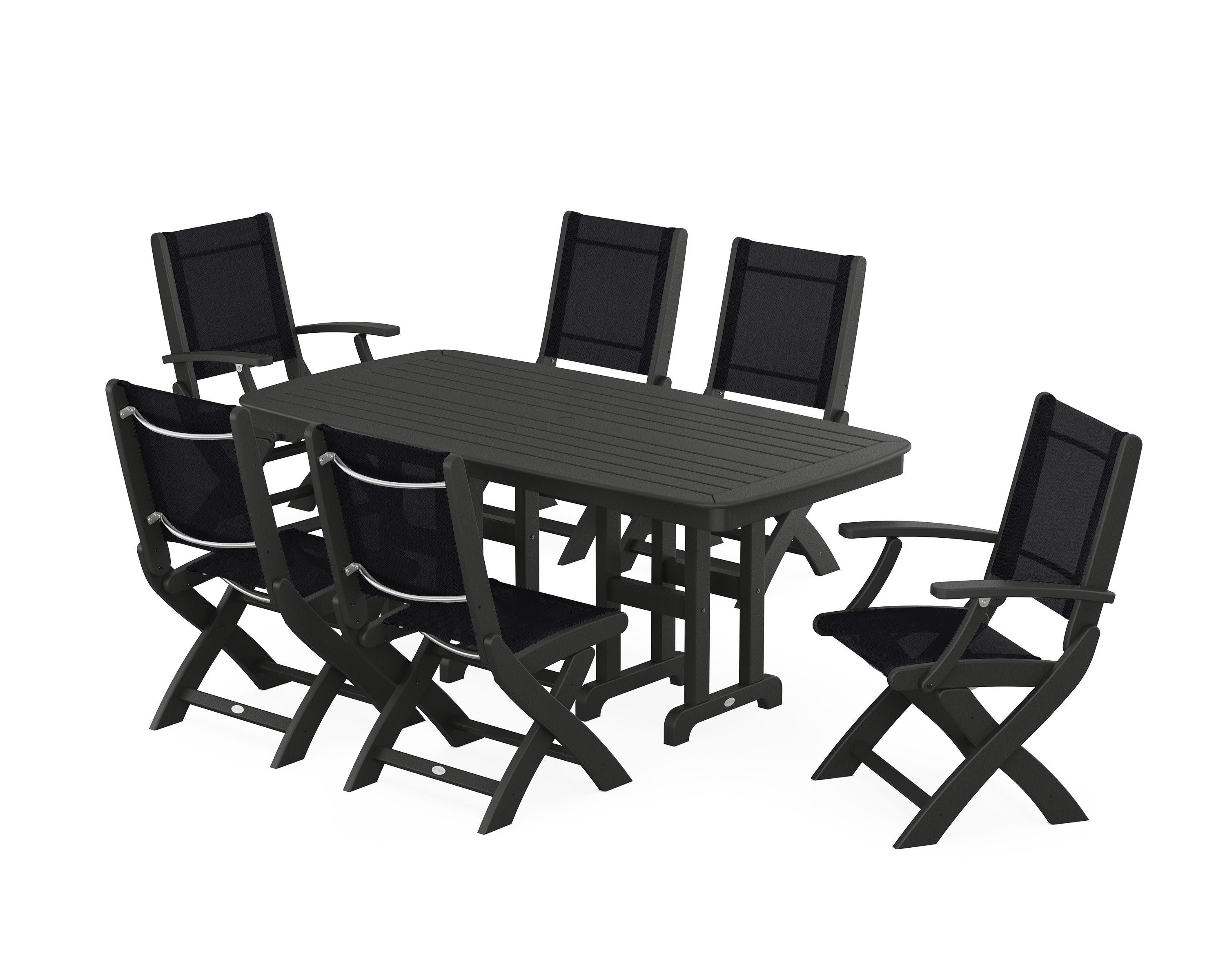 Coastal Folding Chair 7-Piece Dining Set in Black / Black Sling