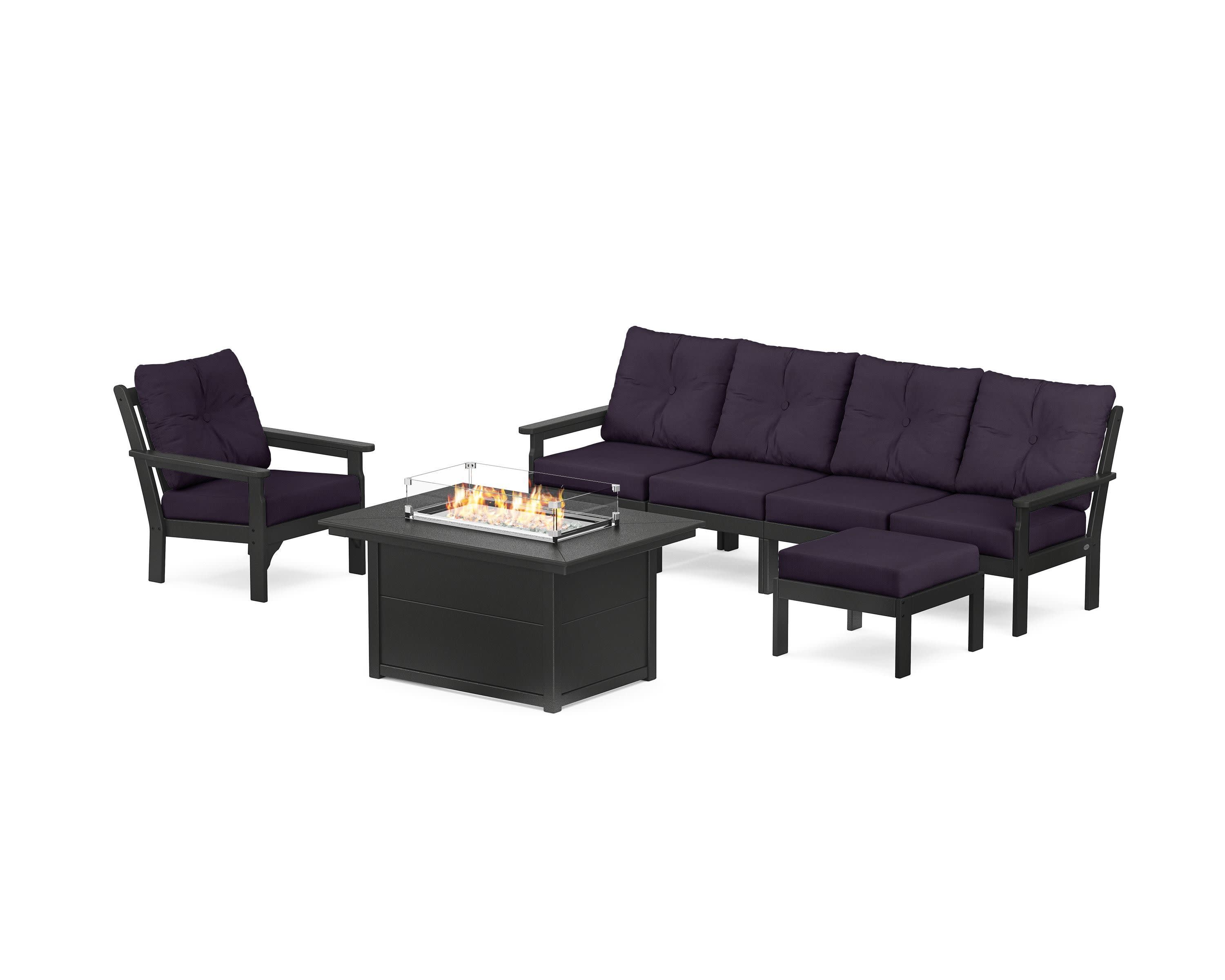 Vineyard Sectional Lounge and Fire Pit Set in Black / Navy Linen