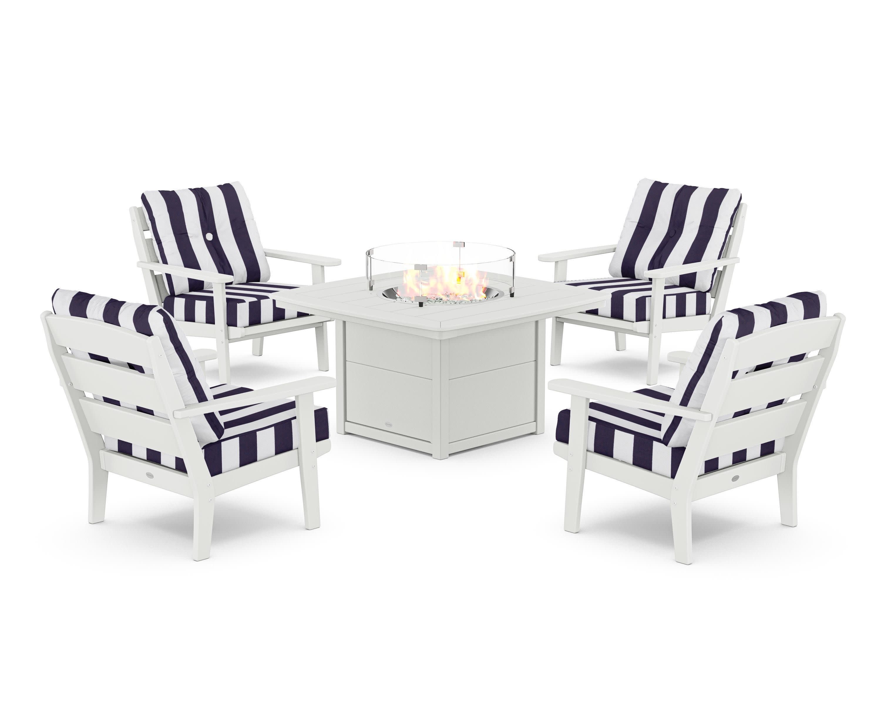 Lakeside 5-Piece Deep Seating Set with Nautical Fire Pit Table in White / Cabana Stripe Navy