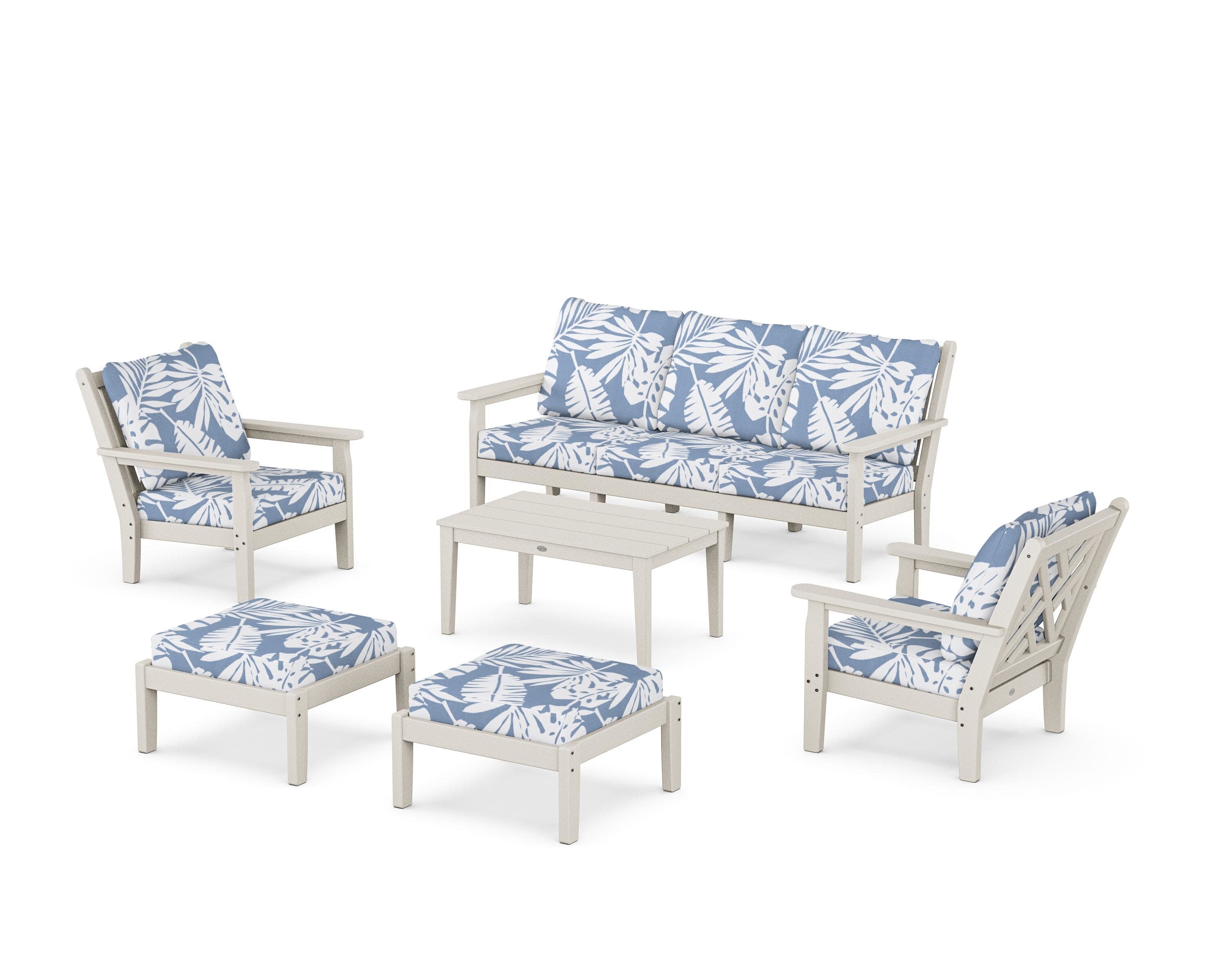 Chippendale 6-Piece Lounge Sofa Set in Sand / Leaf Sky Blue