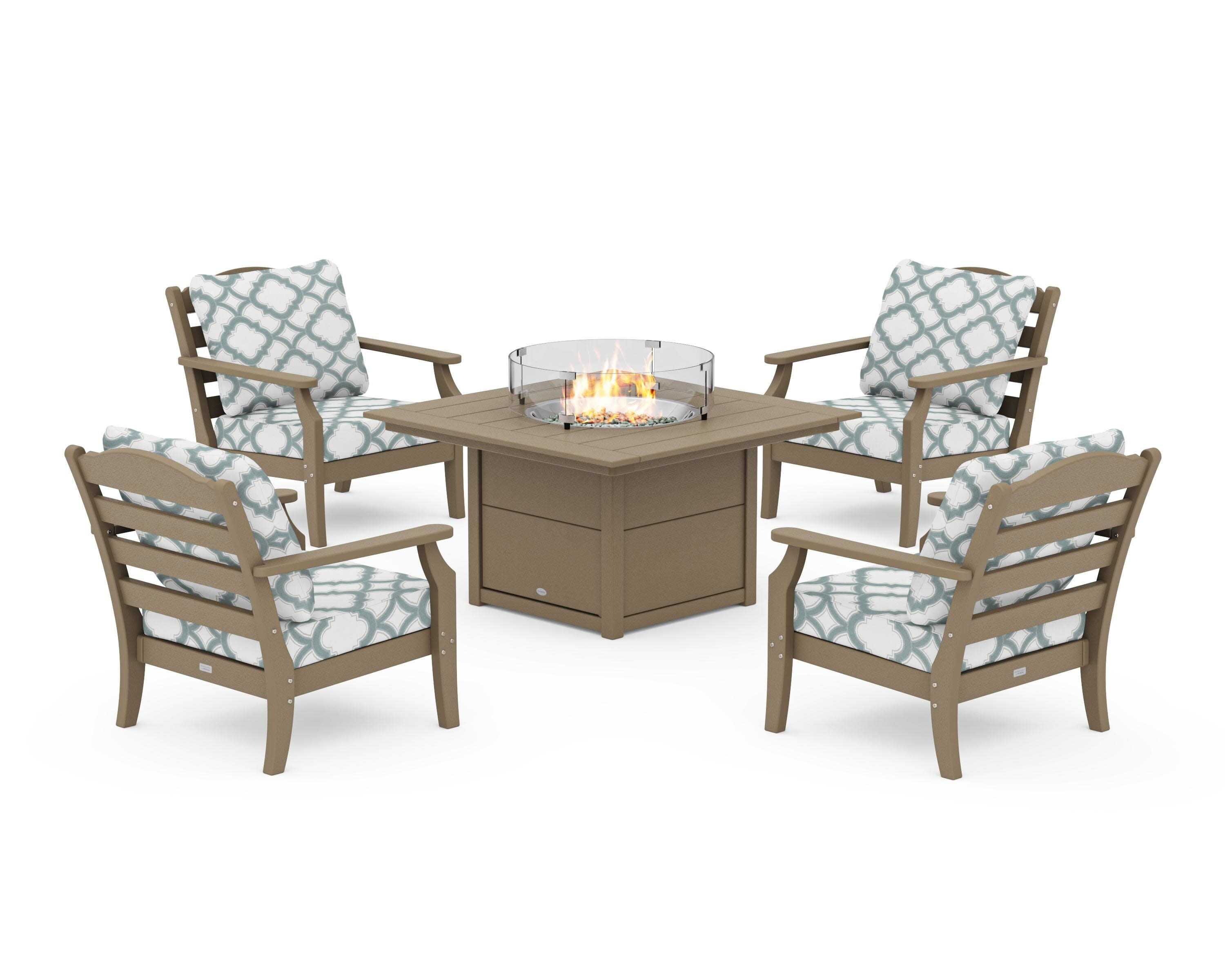 Savannah 5-Piece Deep Seating Set with Fire Pit Table in Vintage Sahara / Trellis Glacier Spa
