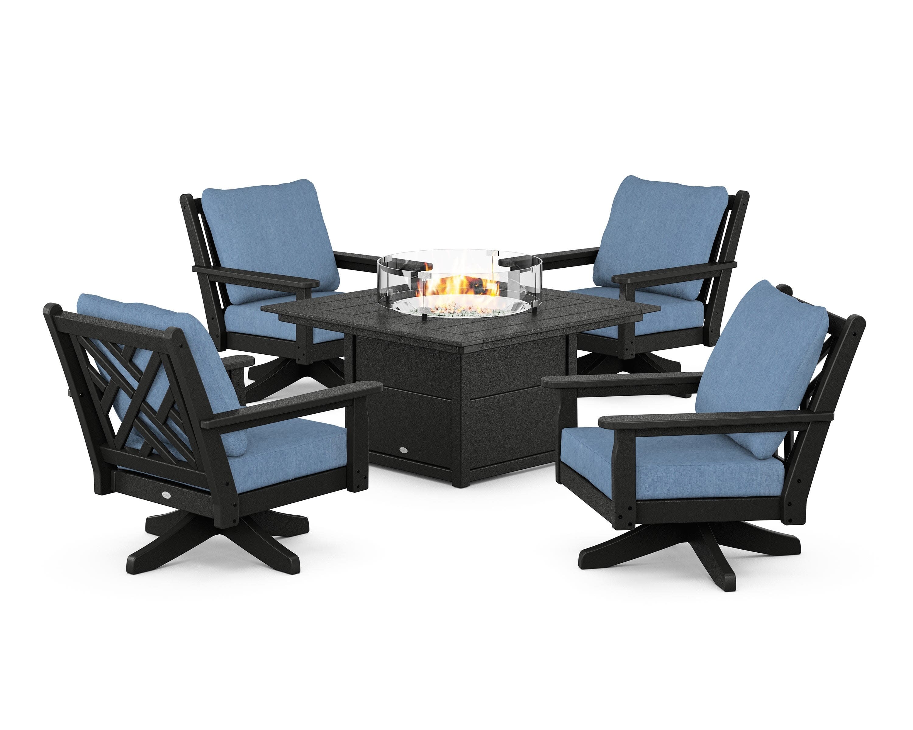 Chippendale 5-Piece Deep Seating Swivel Conversation Set with Fire Pit Table in Black / Sky Blue