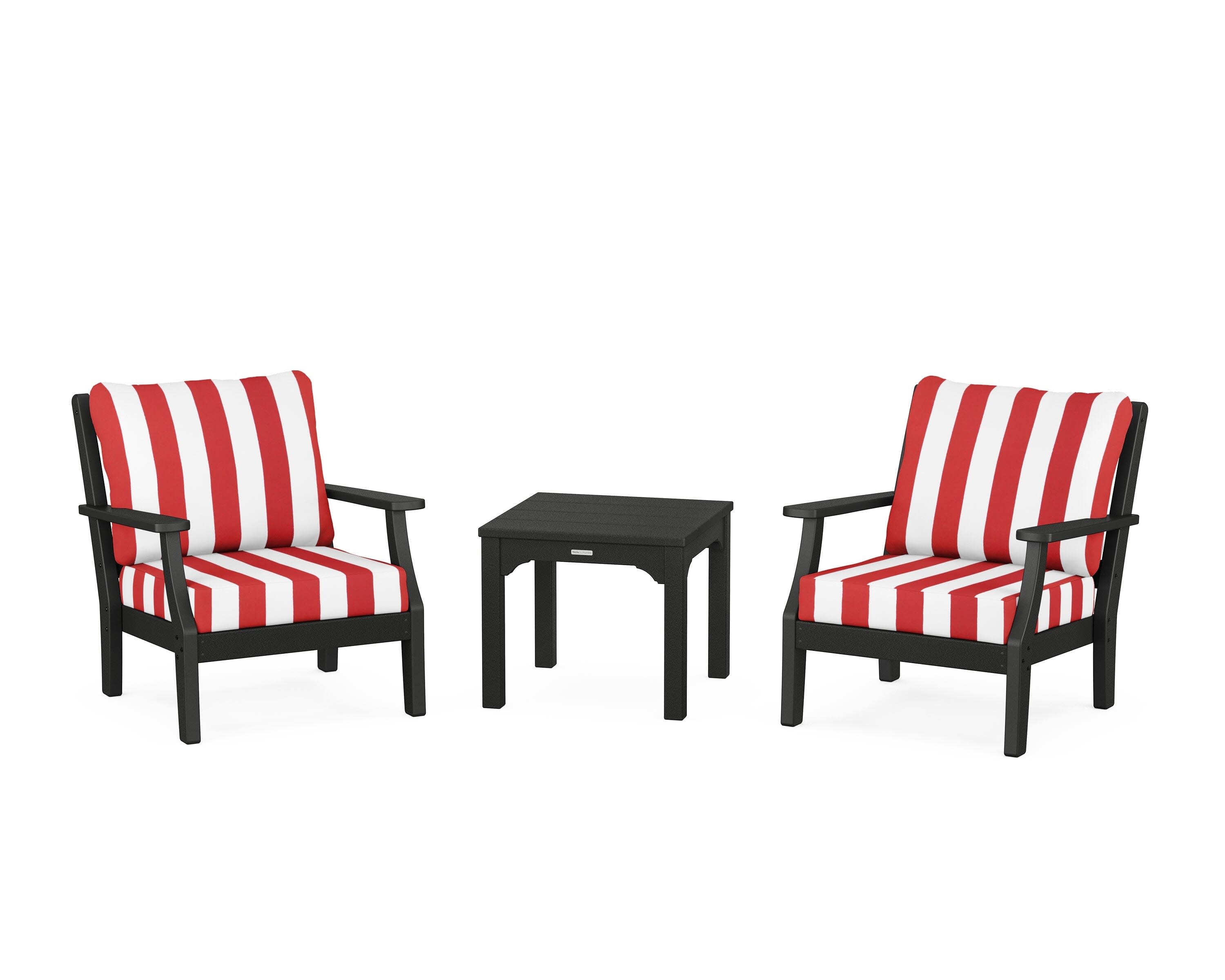Chinoiserie 3-Piece Deep Seating Set in Black / Cabana Stripe Crimson