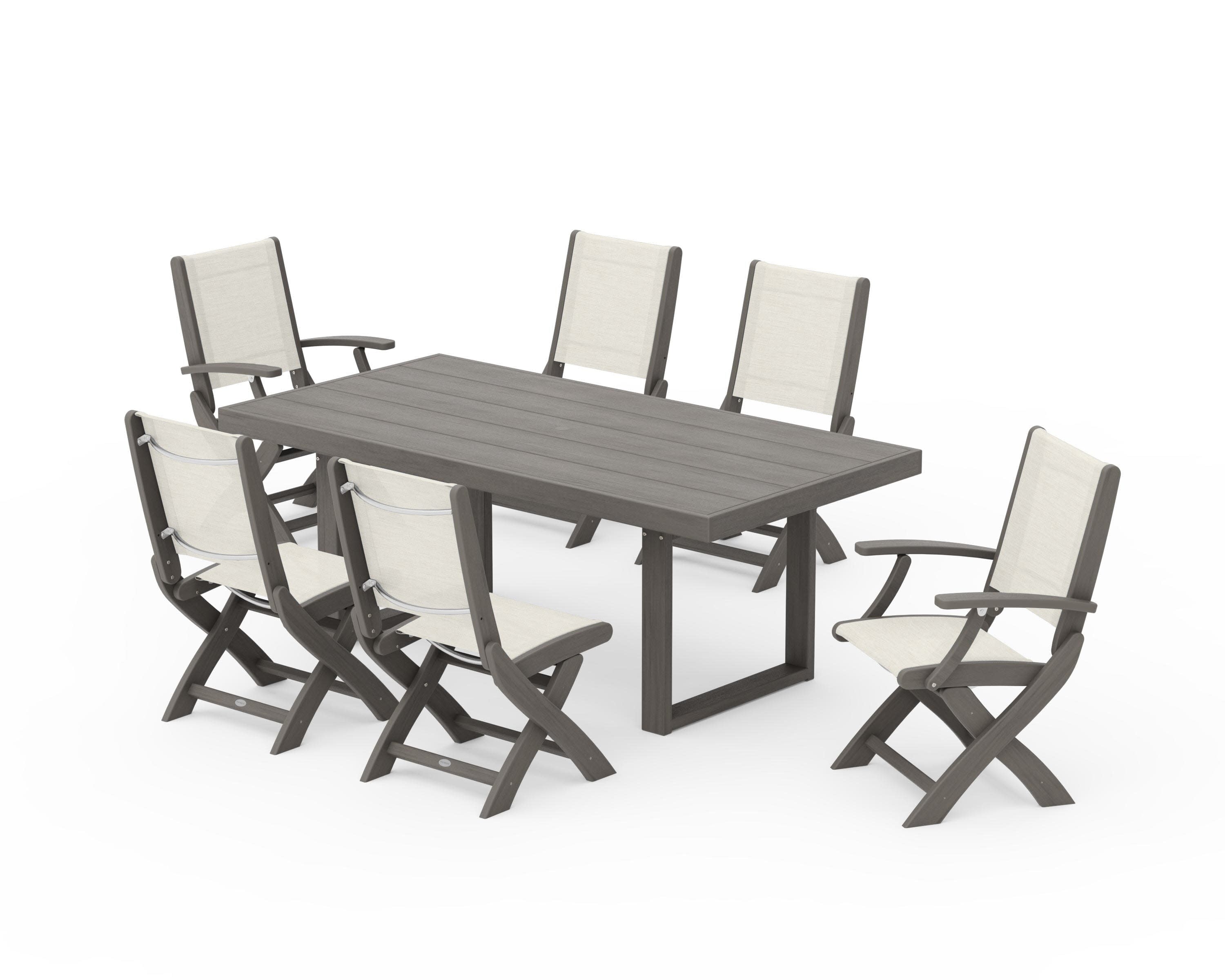 Coastal Folding Chair 7-Piece Dining Set with Trestle Legs in Driftwood / Parchment Sling