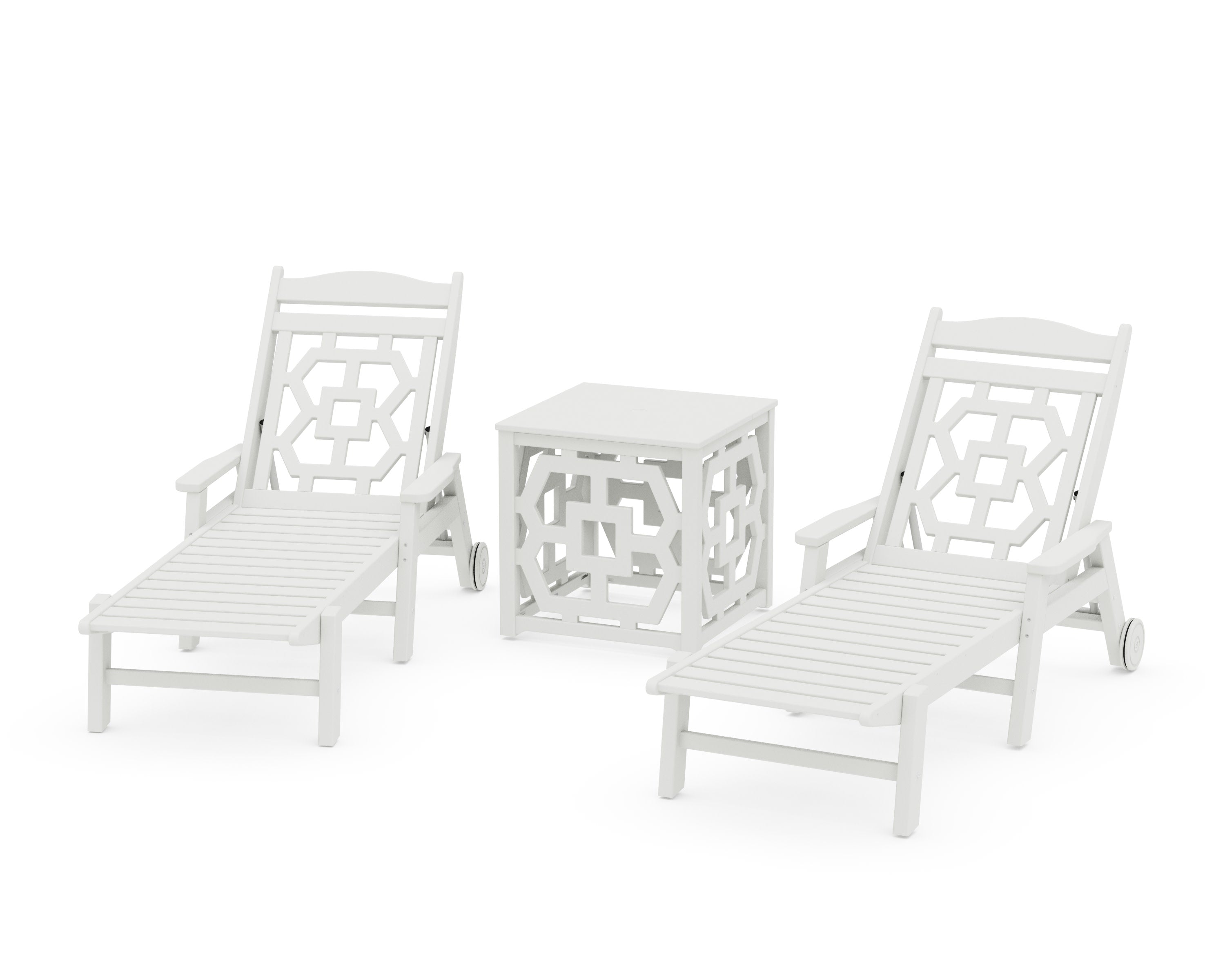 Chinoiserie 3-Piece Chaise Set with Umbrella Stand Accent Table in Vintage White