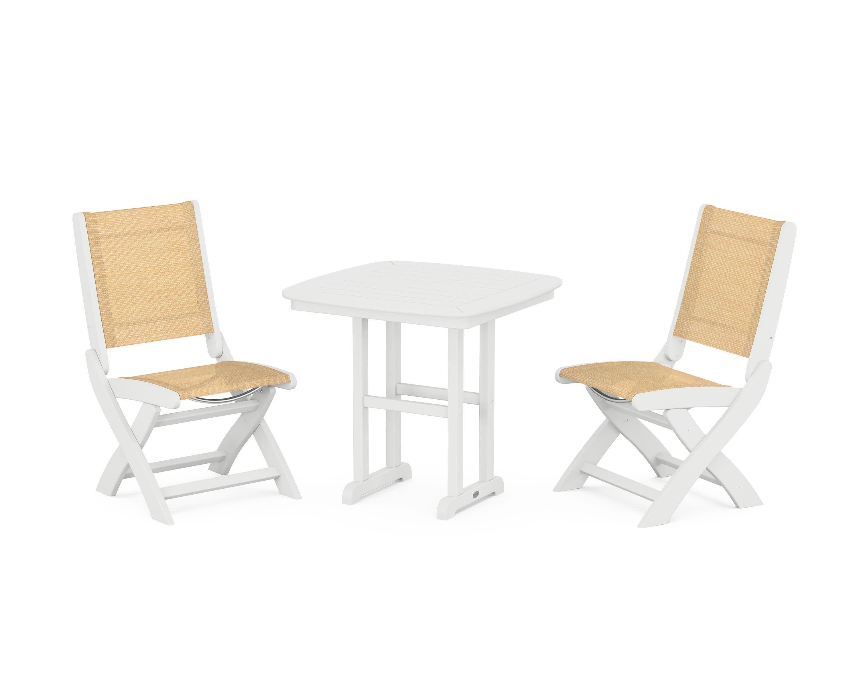 Coastal Folding Side Chair 3-Piece Dining Set in White / Dupioni Apricot Sling