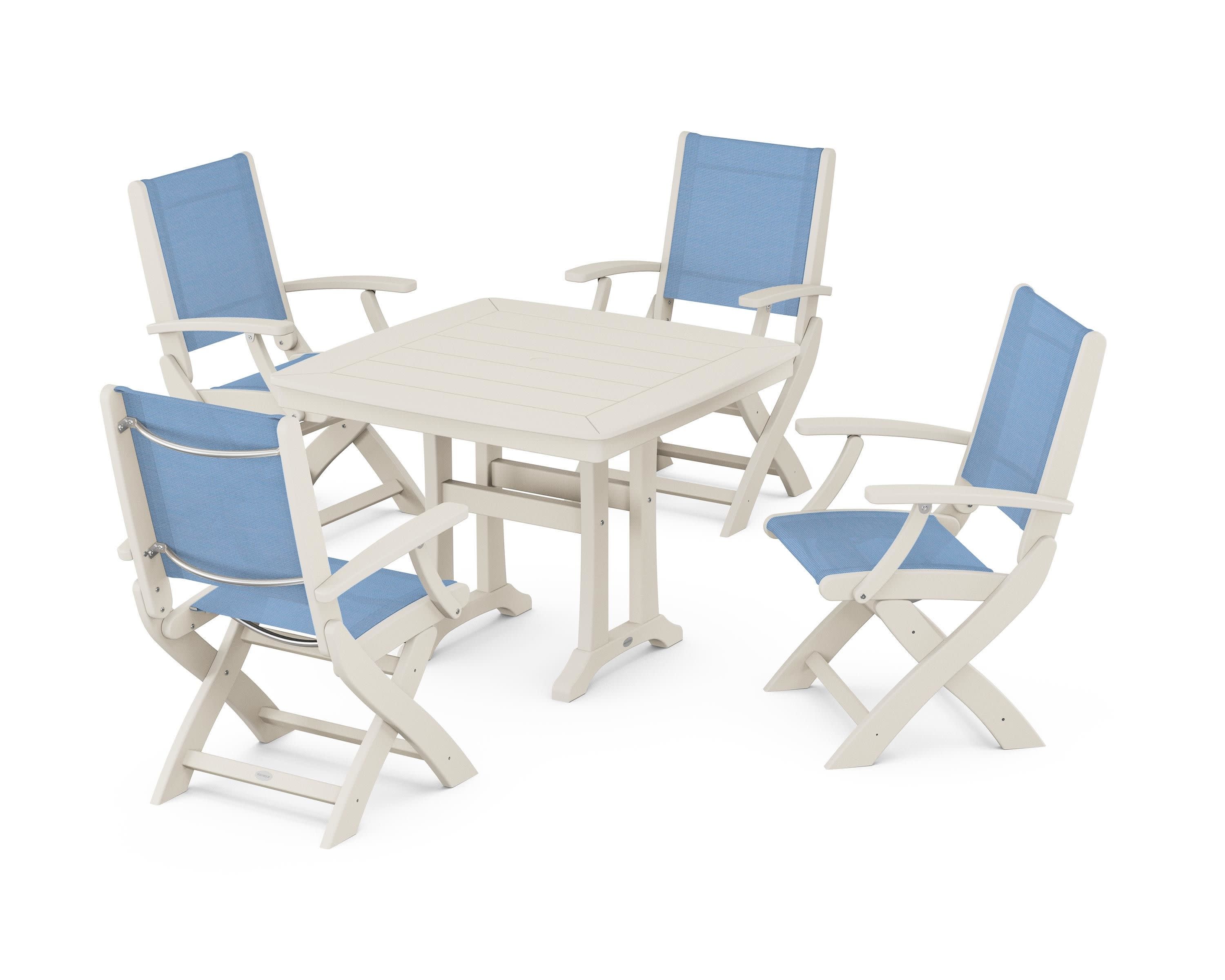 Coastal Folding Chair 5-Piece Dining Set with Trestle Legs in Sand / Poolside Sling