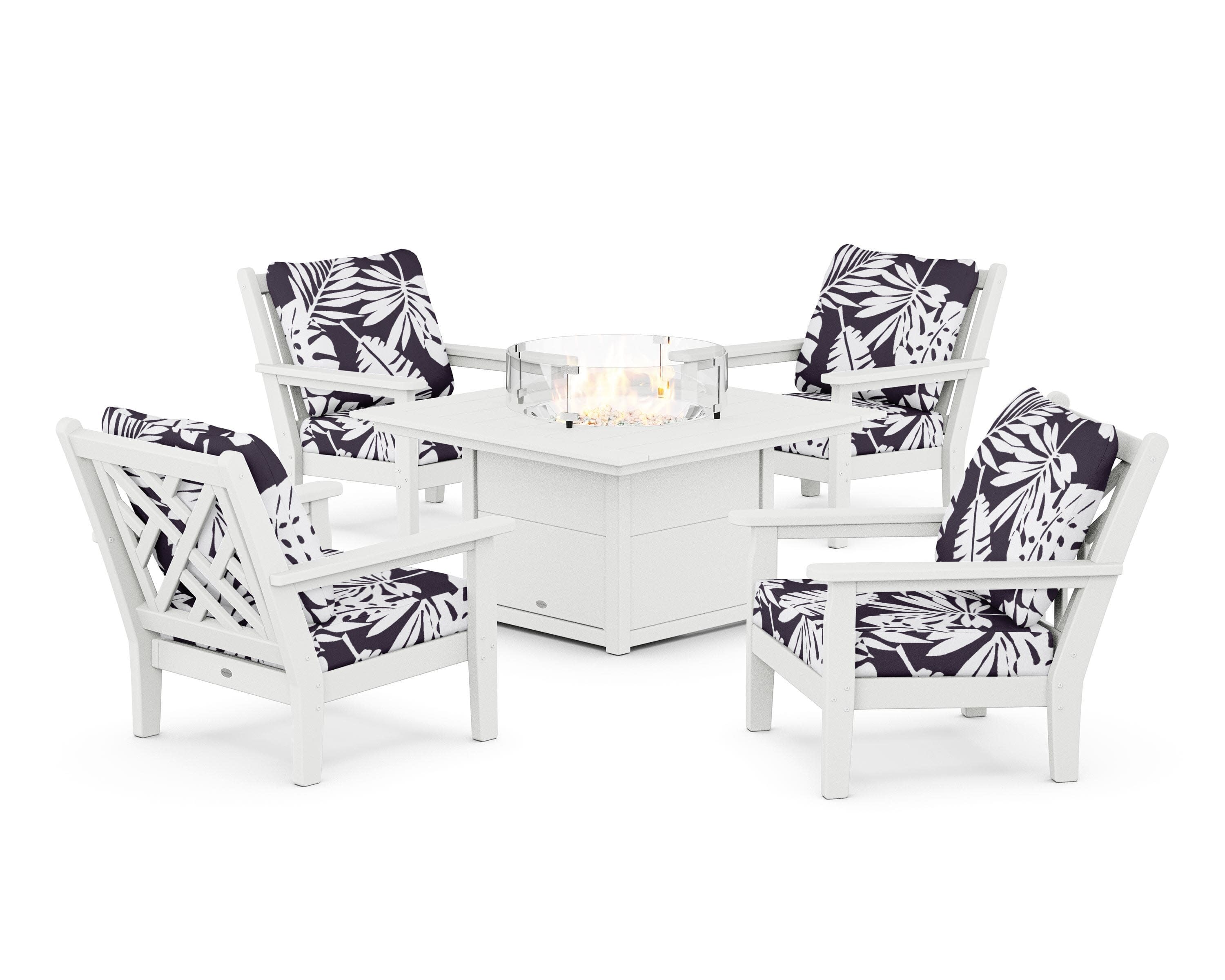 Chippendale 5-Piece Deep Seating Set with Fire Pit Table in White / Leaf Navy