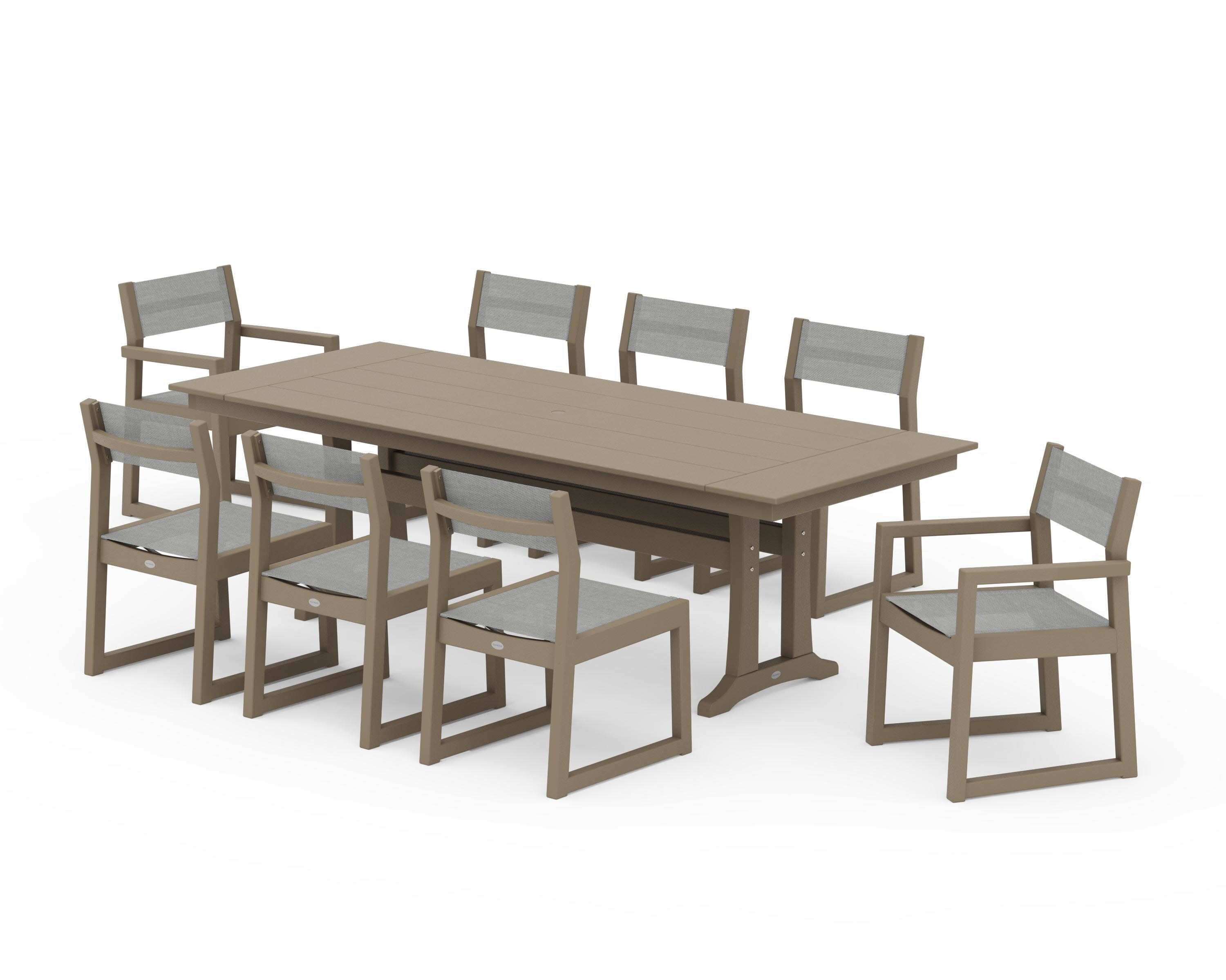 EDGE Sling 9-Piece Farmhouse Trestle Dining Set in Vintage Sahara / Metallic Sling