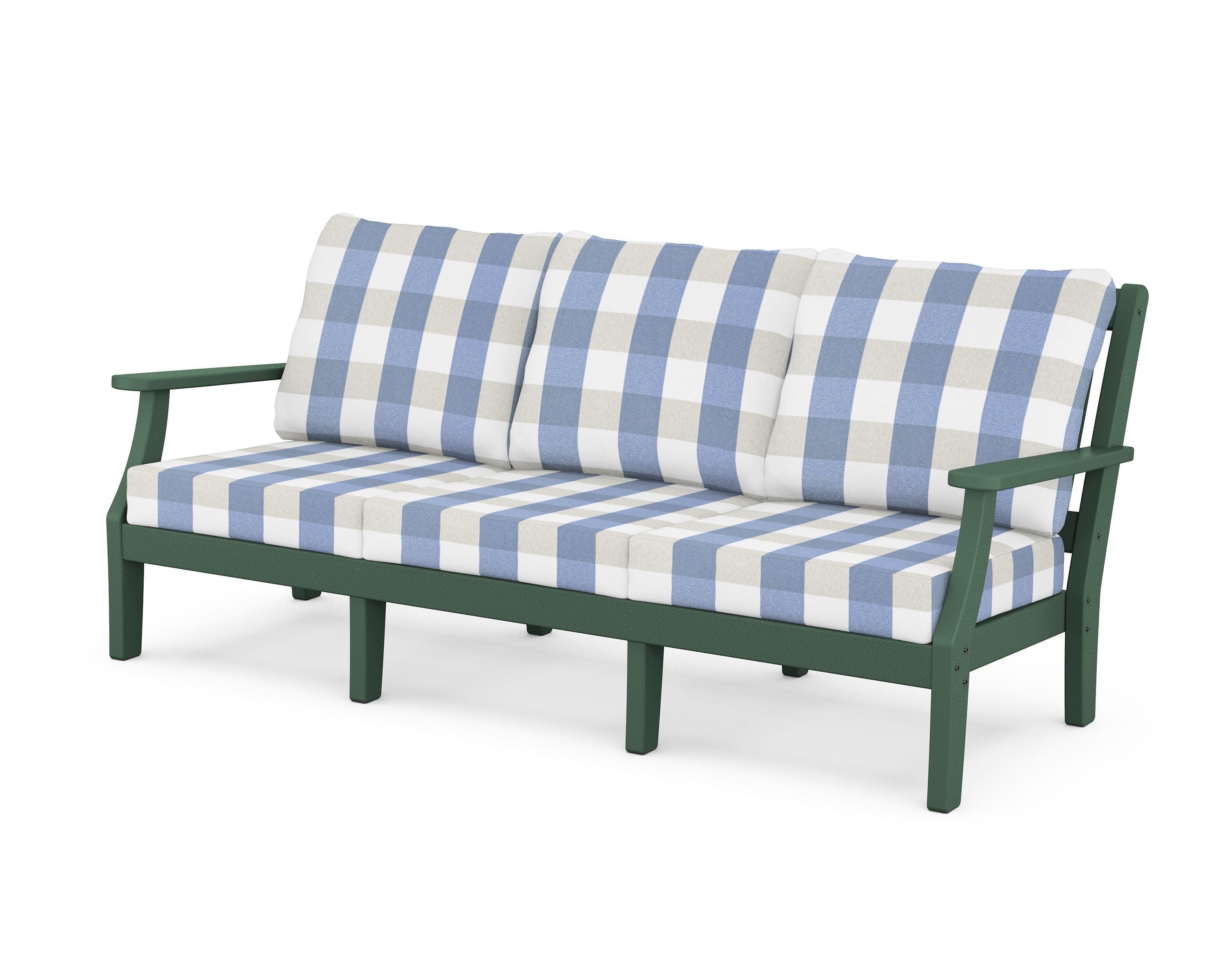 Chinoiserie Deep Seating Sofa in Green / Buffalo Plaid Sky Blue