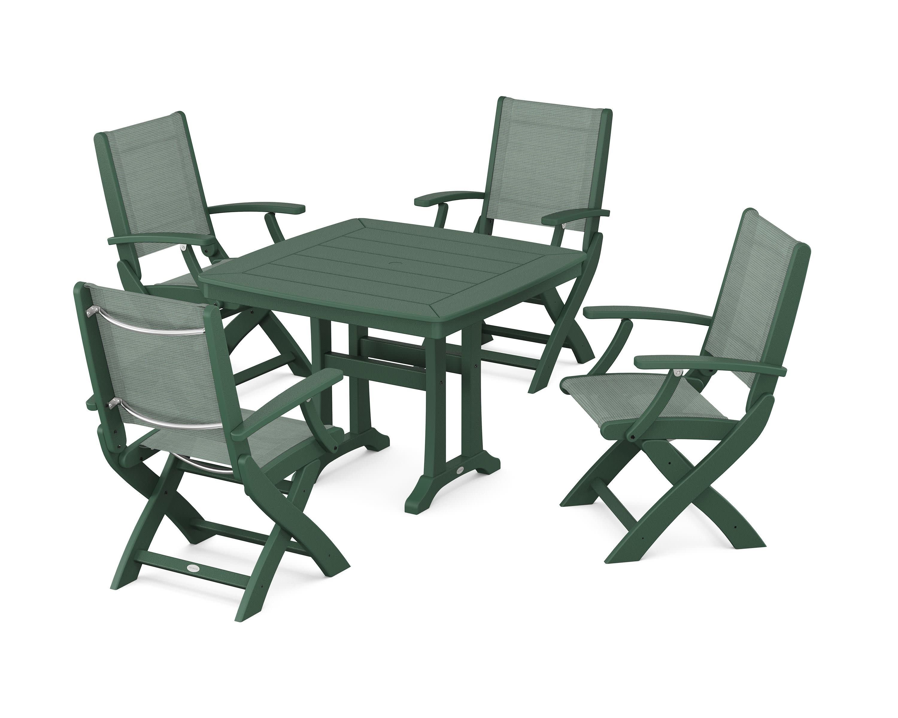 Coastal Folding Chair 5-Piece Dining Set with Trestle Legs in Green / Dupioni Sea Mist Sling
