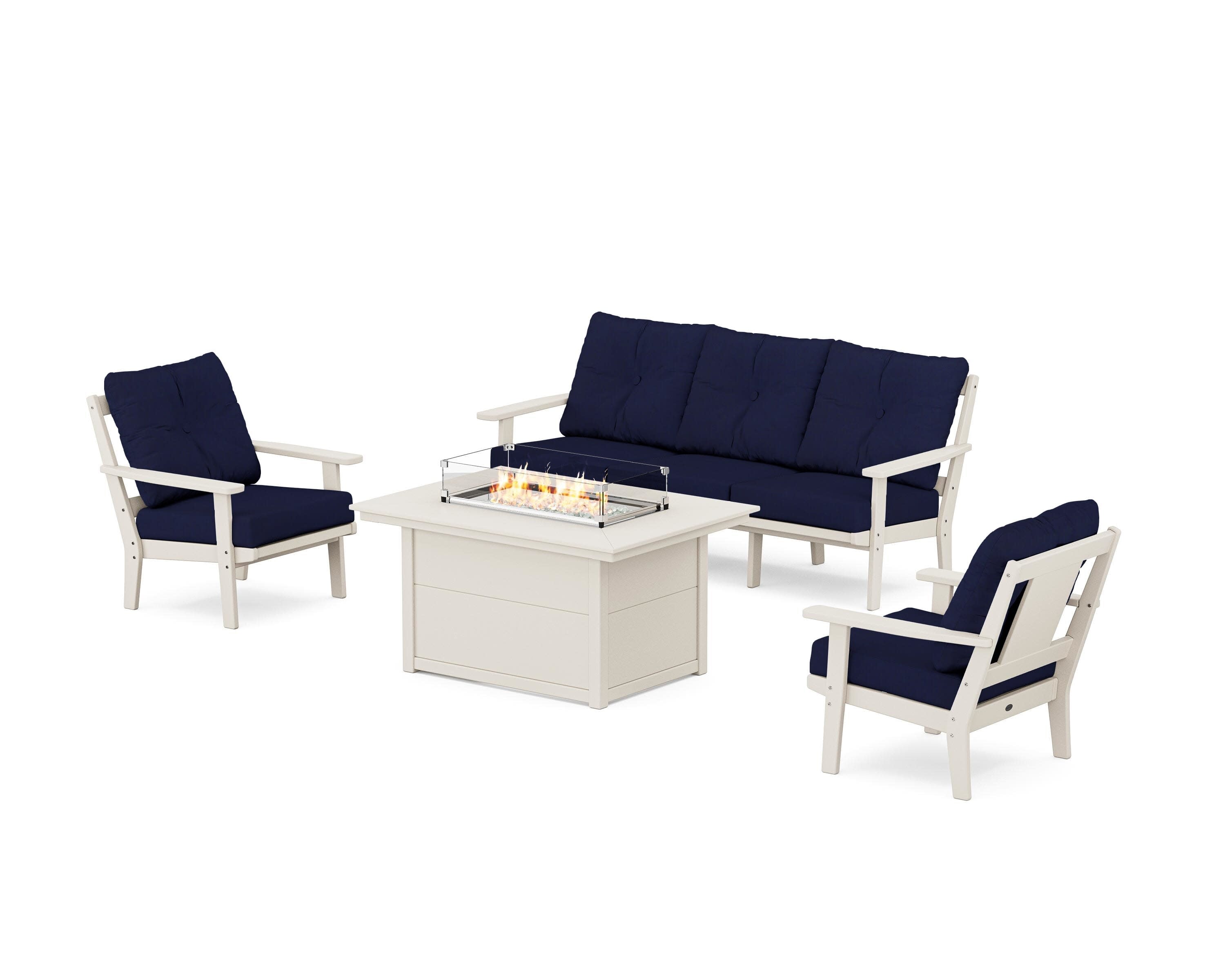 Prairie Deep Seating Fire Pit Table Set in Sand / Navy