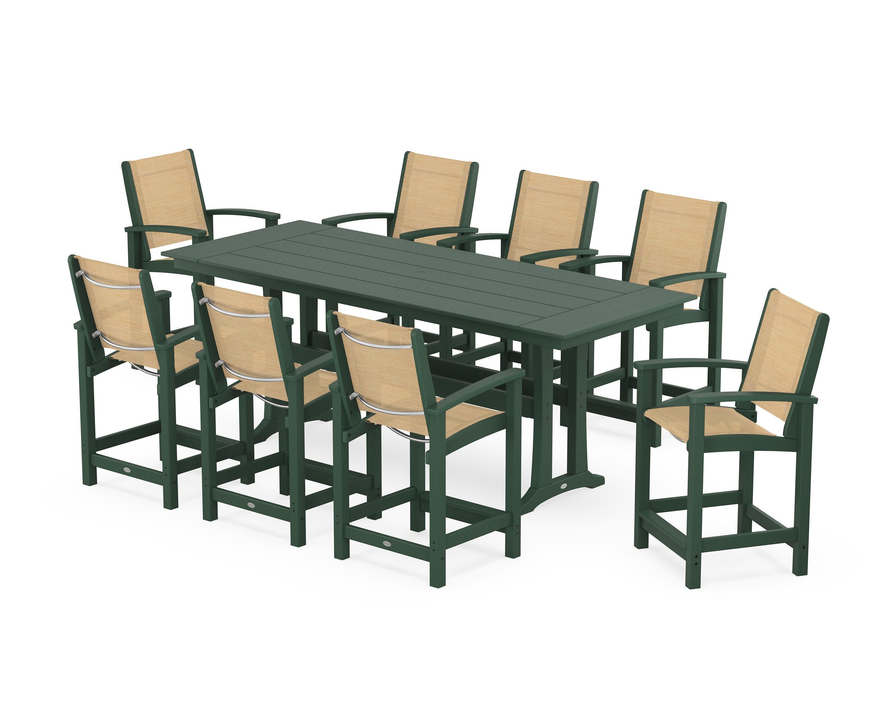 Coastal 9-Piece Farmhouse Counter Set with Trestle Legs in Green / Dupioni Apricot Sling