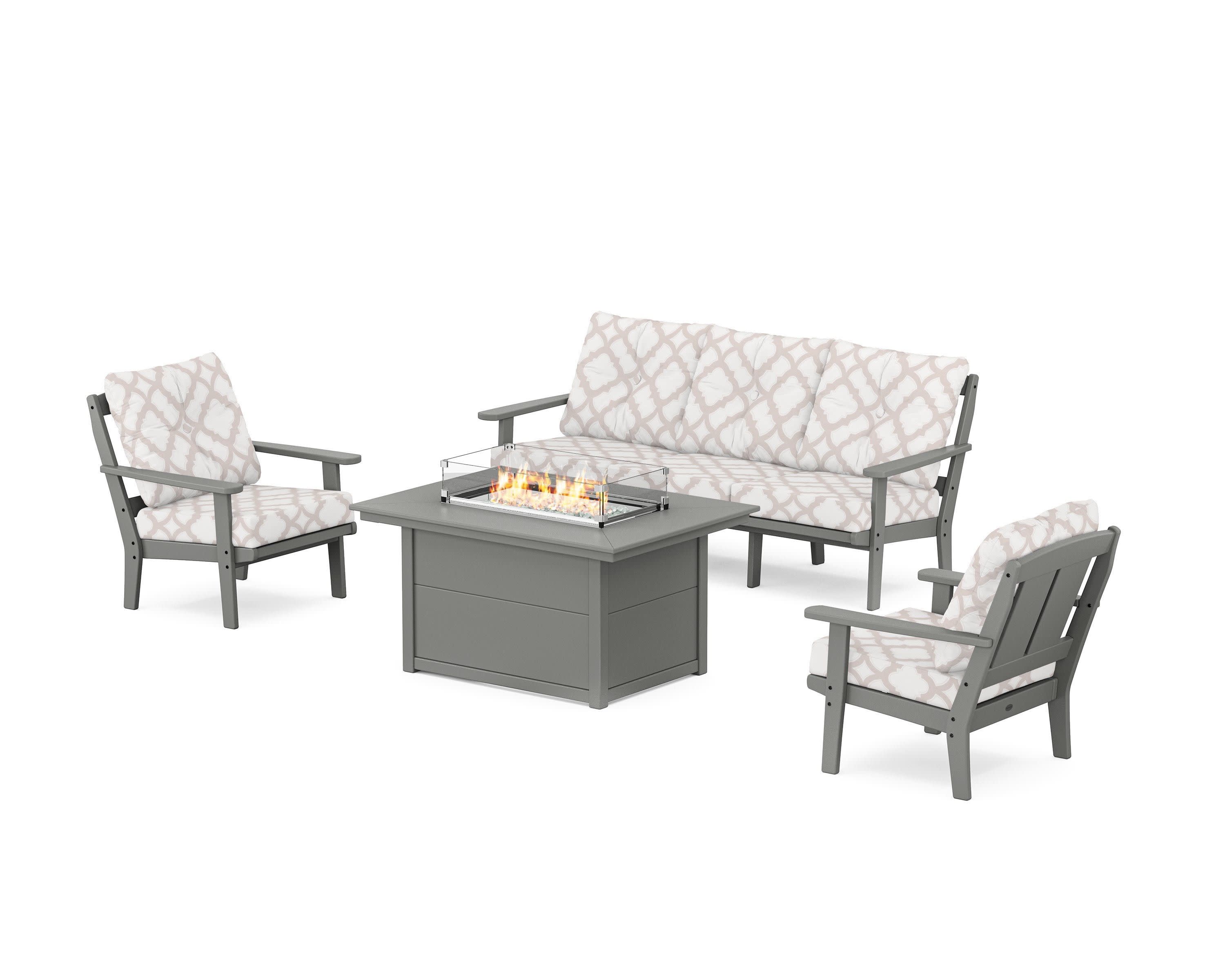 Mission Deep Seating Fire Pit Table Set in Slate Grey / Trellis Dune Burlap