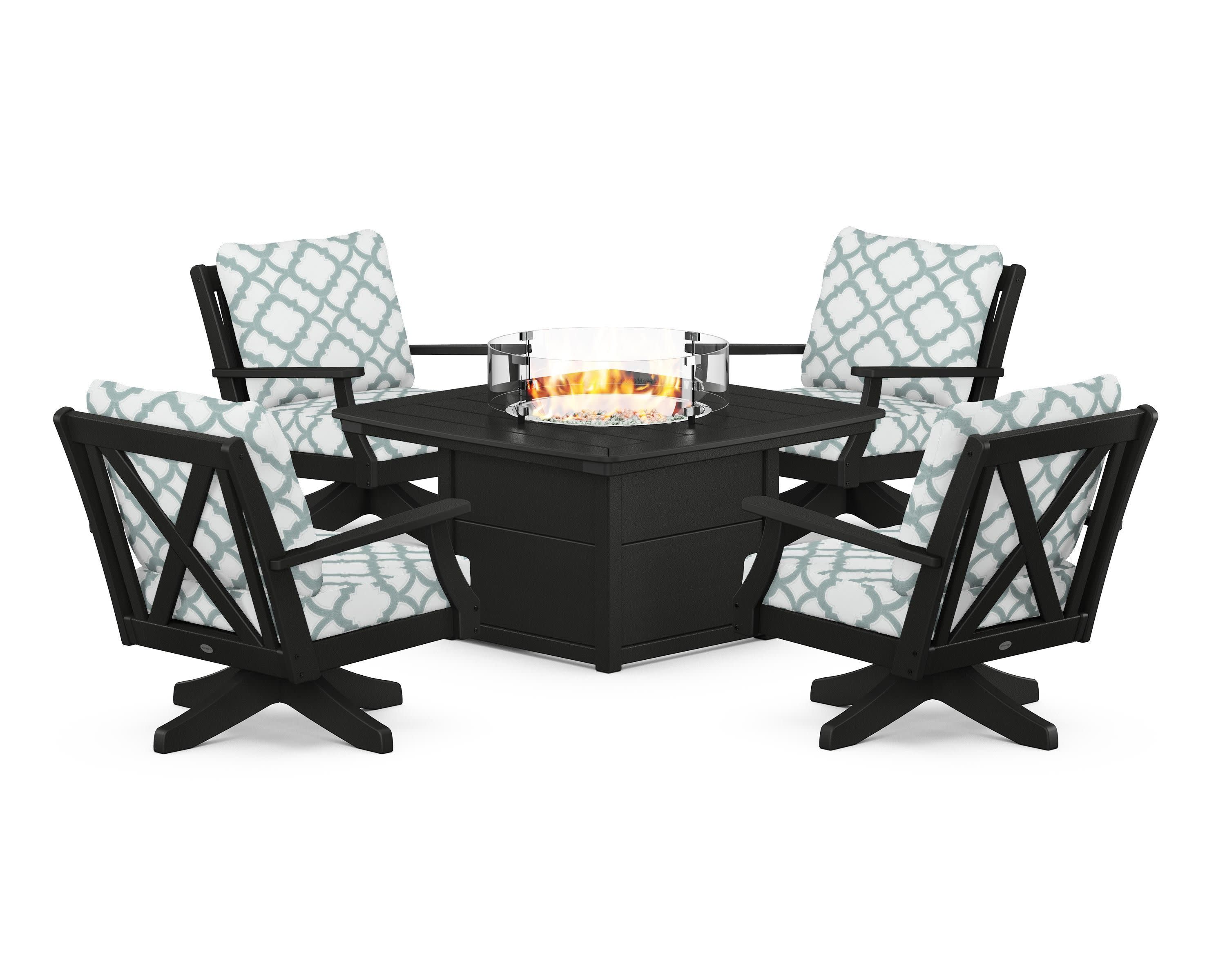 Braxton 5-Piece Deep Seating Swivel Conversation Set with Fire Pit Table in Black / Trellis Glacier Spa