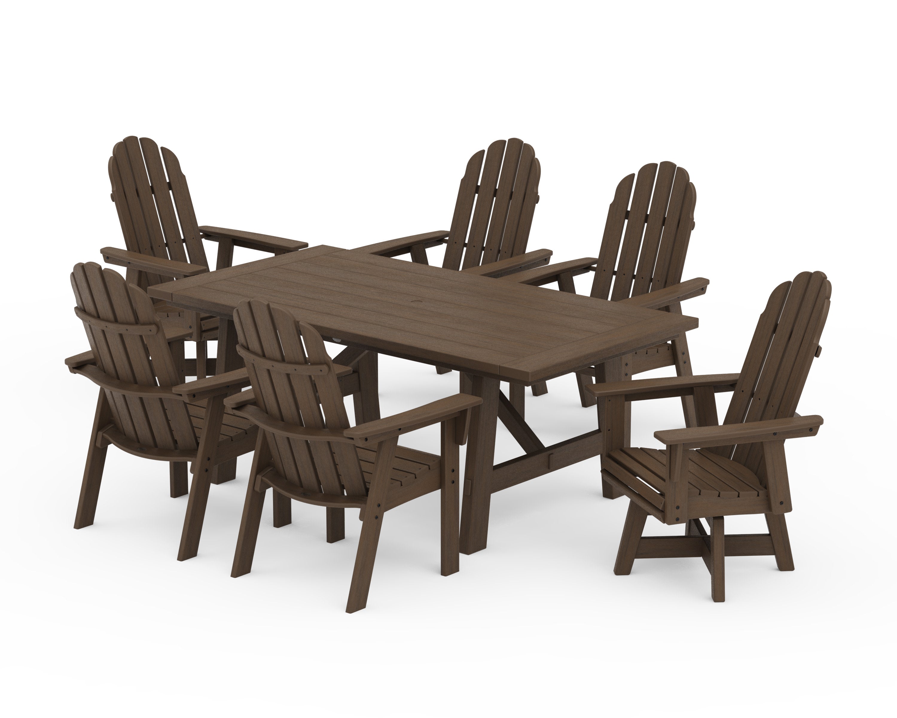 Vineyard Curveback Adirondack Swivel Chair 7-Piece Rustic Farmhouse Dining Set in Kona